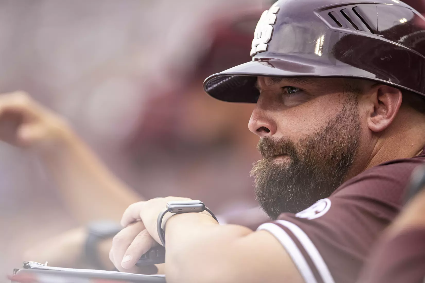 OMAHA, NE - June 22, 2021 - Mississippi State Baseball Camps Coordinator/Volunteer Assistant Kyle Cheesebrough during the 2021 Mens College World Series game between the Mississippi State Bulldogs and the Virginia Cavaliers at TD Ameritrade Park in Omaha, NE. Photo By Austin Perryman