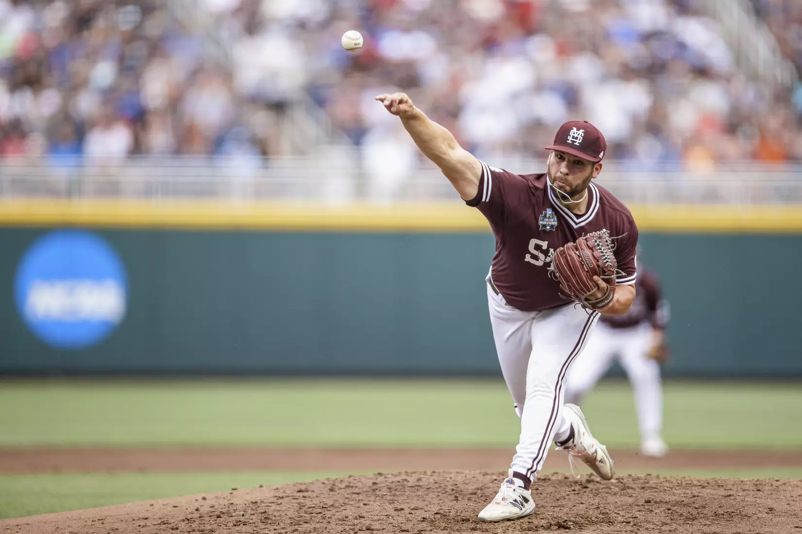 OMAHA, NE - June 22, 2021 - Mississippi State Pitcher Preston Johnson (#35) during the 2021 Mens College World Series game between the Mississippi State Bulldogs and the Virginia Cavaliers at TD Ameritrade Park in Omaha, NE. Photo By Austin Perryman