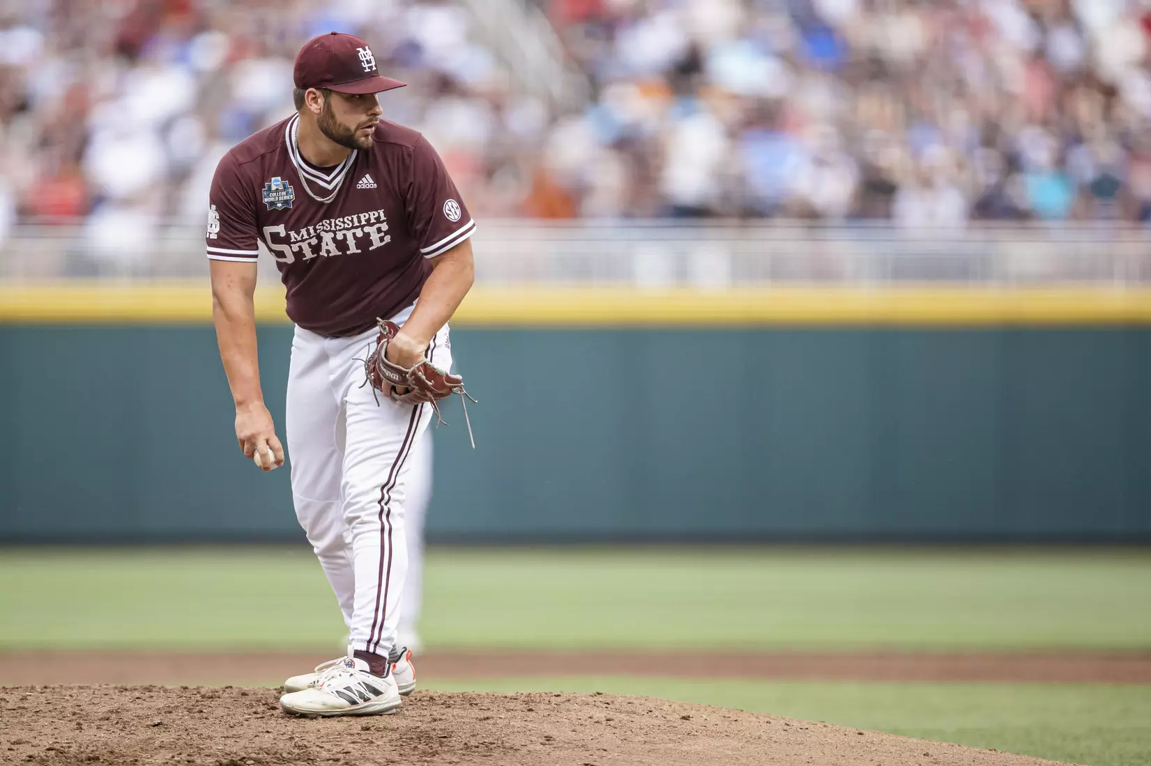 OMAHA, NE - June 22, 2021 - Mississippi State Pitcher Preston Johnson (#35) during the 2021 Mens College World Series game between the Mississippi State Bulldogs and the Virginia Cavaliers at TD Ameritrade Park in Omaha, NE. Photo By Austin Perryman