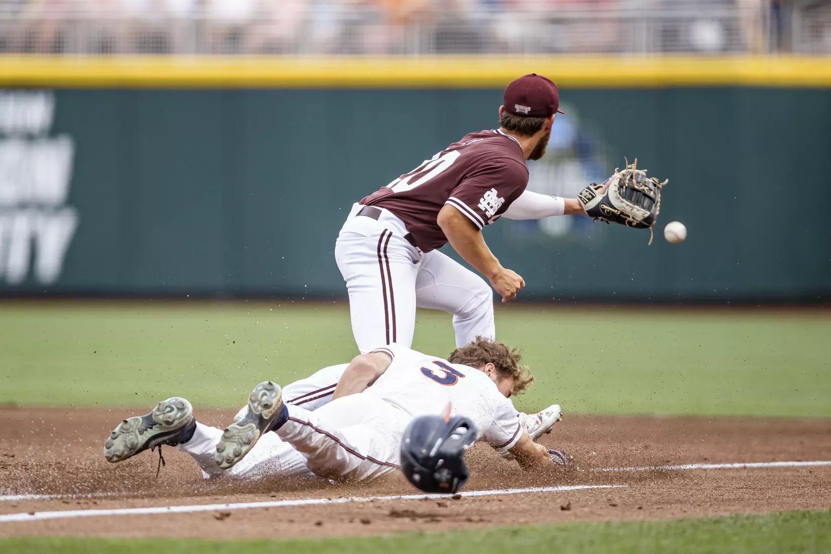 OMAHA, NE - June 22, 2021 - Mississippi State Infielder Luke Hancock (#20) during the 2021 Mens College World Series game between the Mississippi State Bulldogs and the Virginia Cavaliers at TD Ameritrade Park in Omaha, NE. Photo By Austin Perryman