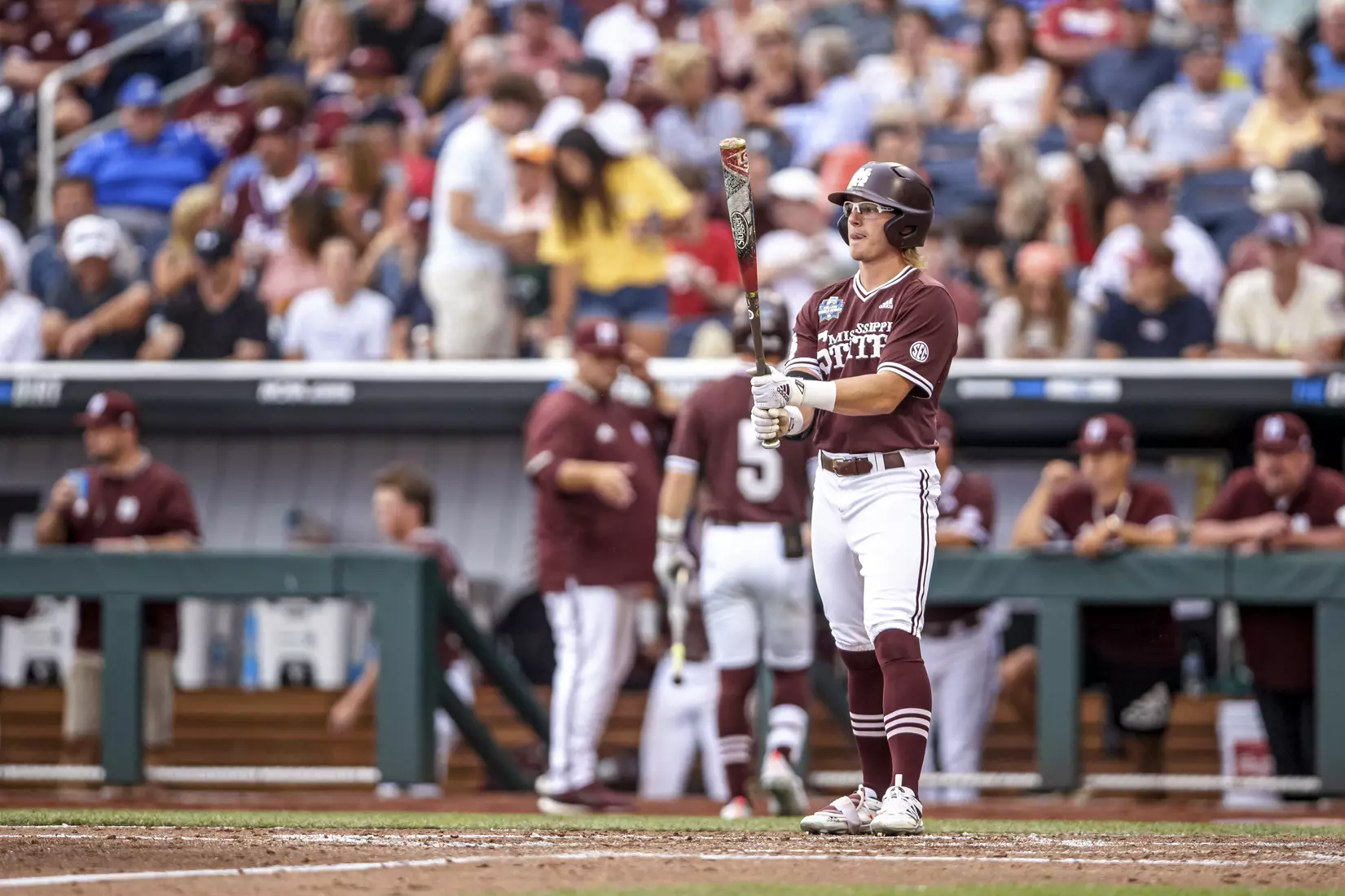 OMAHA, NE - June 22, 2021 - Mississippi State Outfielder Rowdey Jordan (#4) during the 2021 Mens College World Series game between the Mississippi State Bulldogs and the Virginia Cavaliers at TD Ameritrade Park in Omaha, NE. Photo By Austin Perryman