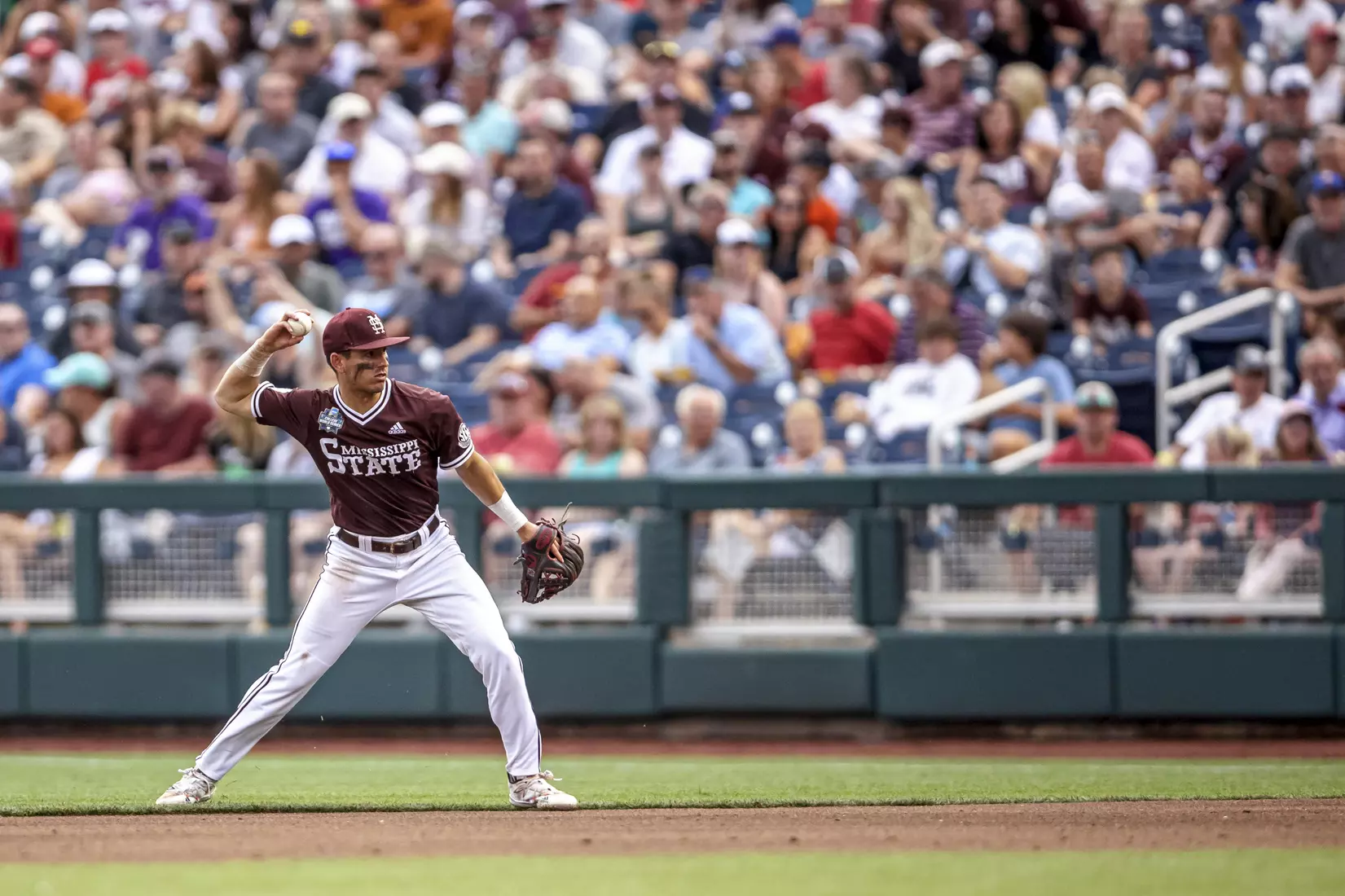 OMAHA, NE - June 22, 2021 - Mississippi State Infielder Scotty Dubrule (#3) during the 2021 Mens College World Series game between the Mississippi State Bulldogs and the Virginia Cavaliers at TD Ameritrade Park in Omaha, NE. Photo By Austin Perryman