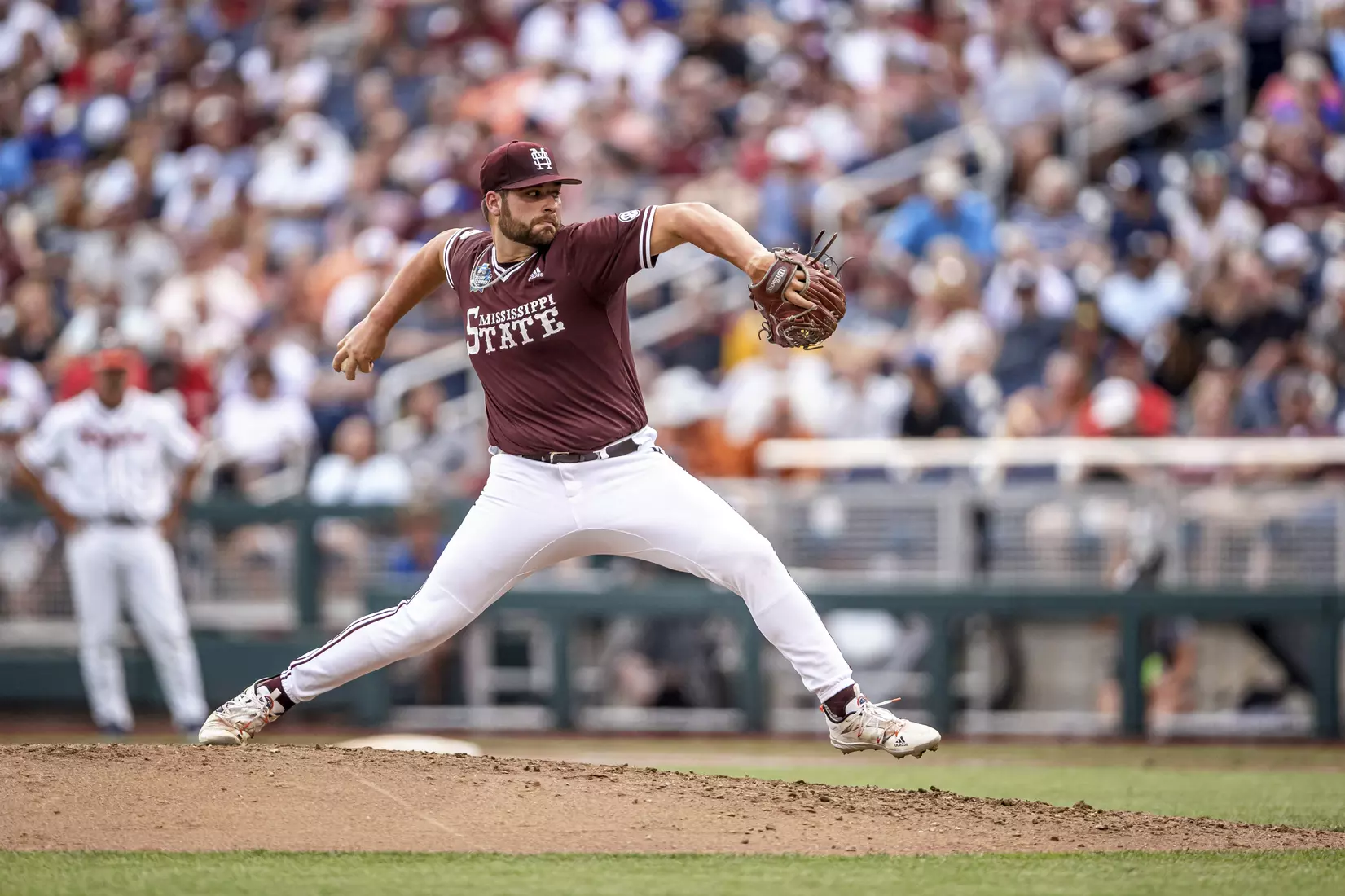 OMAHA, NE - June 22, 2021 - Mississippi State Pitcher Preston Johnson (#35) during the 2021 Mens College World Series game between the Mississippi State Bulldogs and the Virginia Cavaliers at TD Ameritrade Park in Omaha, NE. Photo By Austin Perryman