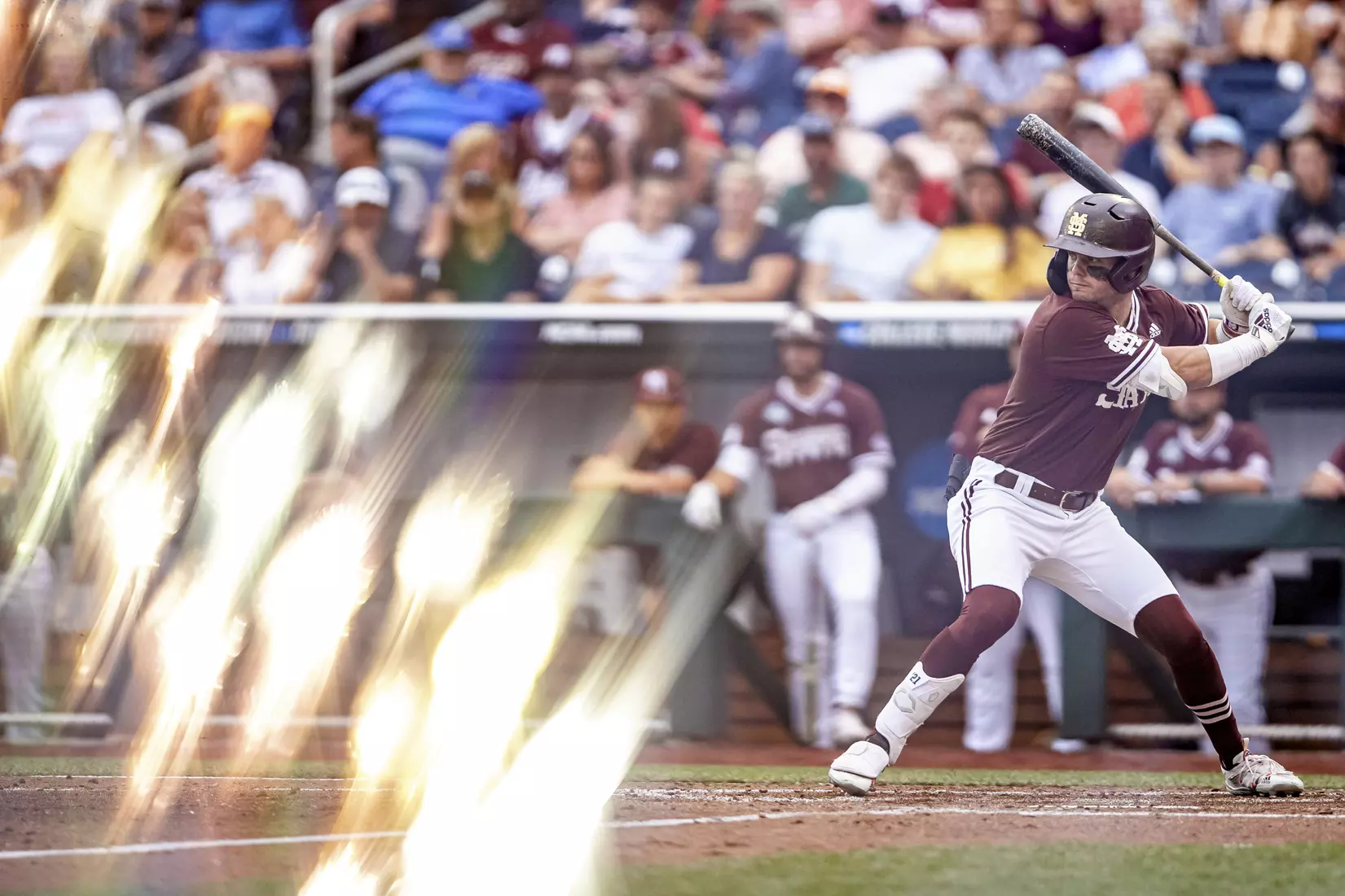 OMAHA, NE - June 22, 2021 - Mississippi State Outfielder Tanner Allen (#5) during the 2021 Mens College World Series game between the Mississippi State Bulldogs and the Virginia Cavaliers at TD Ameritrade Park in Omaha, NE. Photo By Austin Perryman
