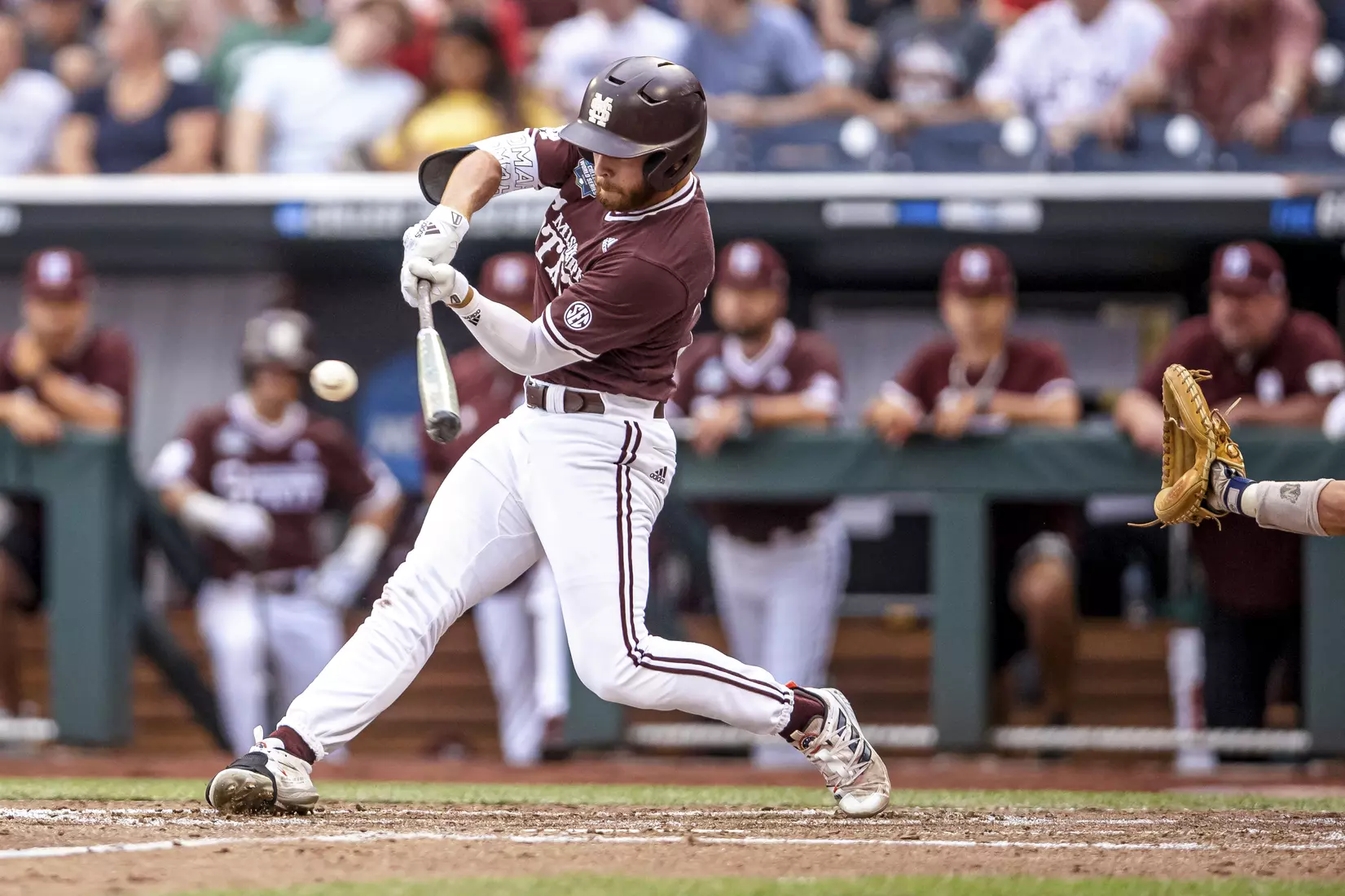 OMAHA, NE - June 22, 2021 - Mississippi State Infielder Luke Hancock (#20) during the 2021 Mens College World Series game between the Mississippi State Bulldogs and the Virginia Cavaliers at TD Ameritrade Park in Omaha, NE. Photo By Austin Perryman