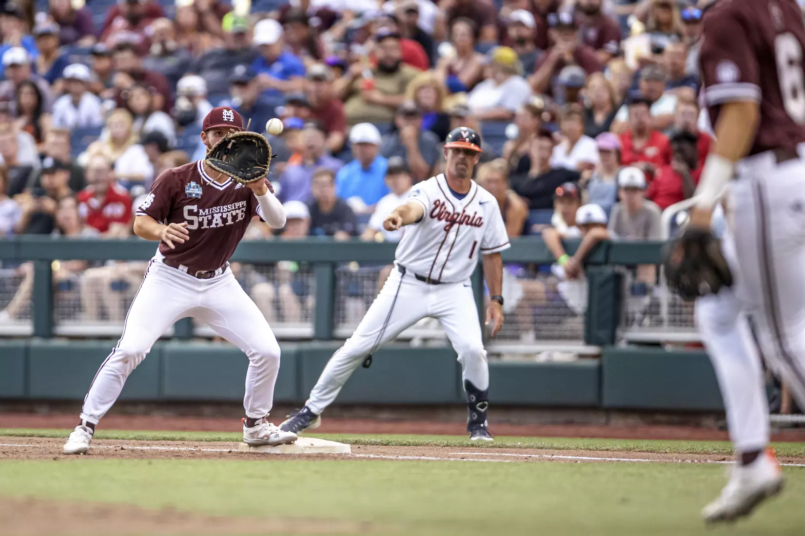 OMAHA, NE - June 22, 2021 - Mississippi State Infielder Luke Hancock (#20) during the 2021 Mens College World Series game between the Mississippi State Bulldogs and the Virginia Cavaliers at TD Ameritrade Park in Omaha, NE. Photo By Austin Perryman