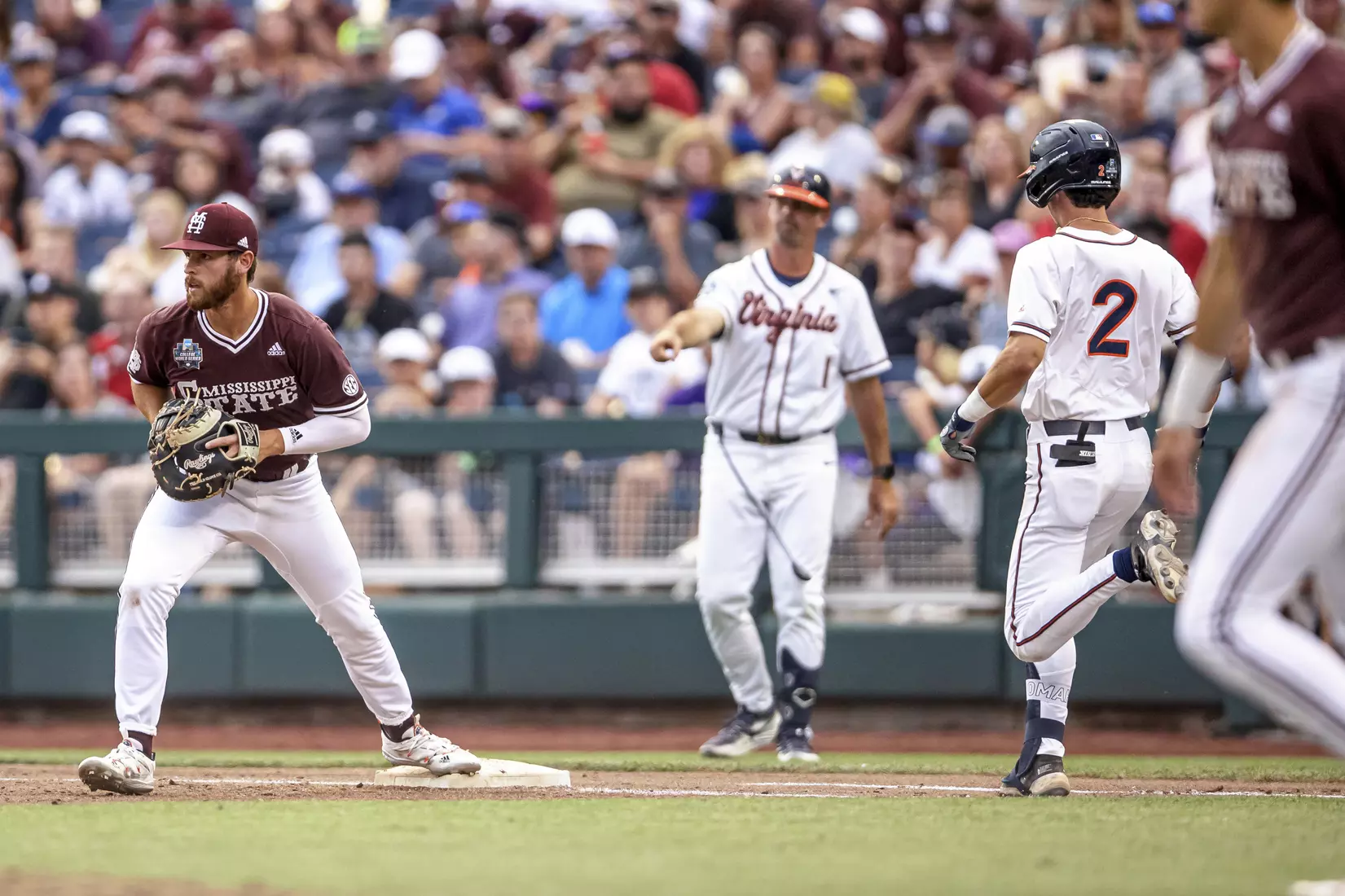 OMAHA, NE - June 22, 2021 - Mississippi State Infielder Luke Hancock (#20) during the 2021 Mens College World Series game between the Mississippi State Bulldogs and the Virginia Cavaliers at TD Ameritrade Park in Omaha, NE. Photo By Austin Perryman