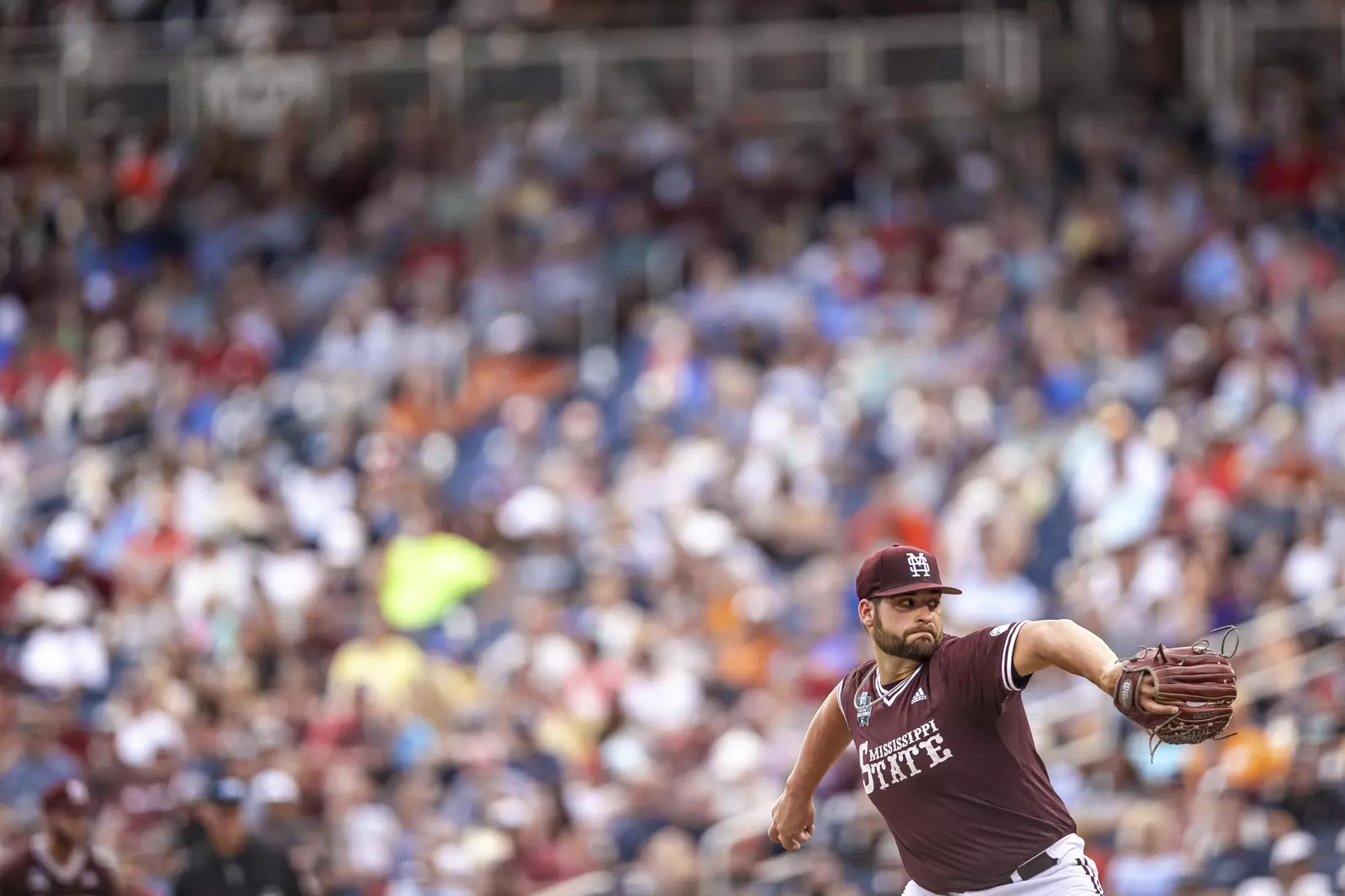 OMAHA, NE - June 22, 2021 - Mississippi State Pitcher Preston Johnson (#35) during the 2021 Mens College World Series game between the Mississippi State Bulldogs and the Virginia Cavaliers at TD Ameritrade Park in Omaha, NE. Photo By Austin Perryman