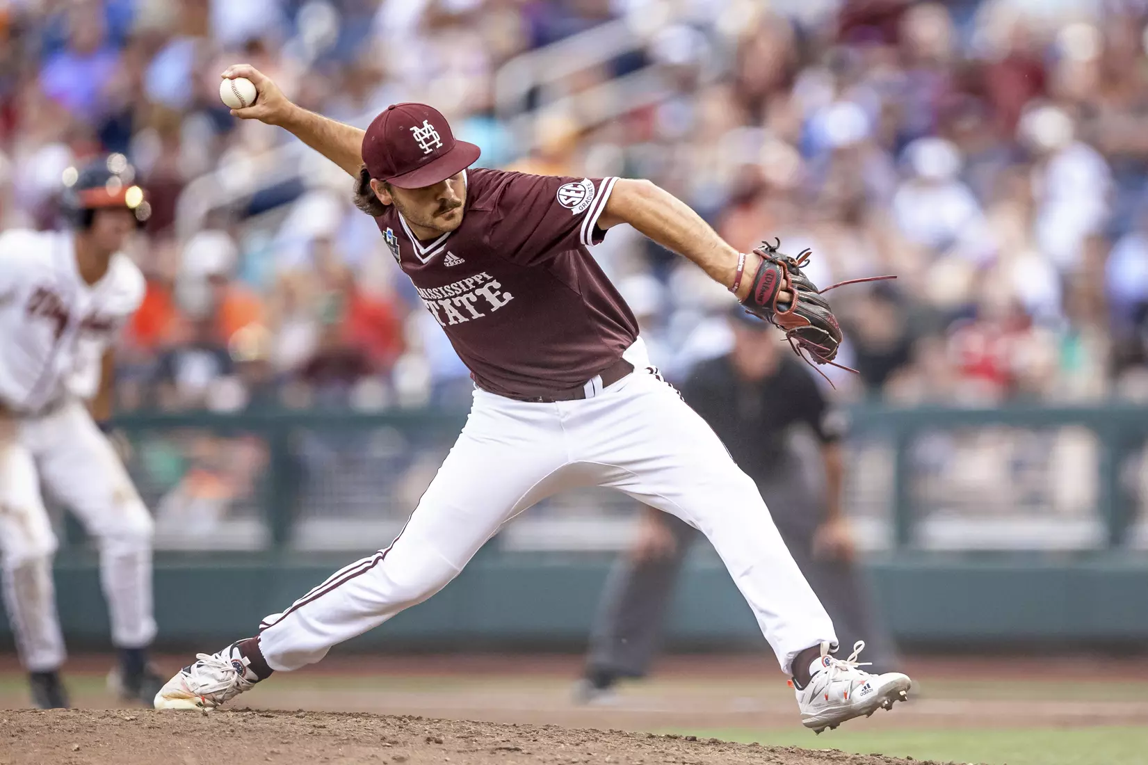 OMAHA, NE - June 22, 2021 - Mississippi State Pitcher Chase Patrick (#18) during the 2021 Mens College World Series game between the Mississippi State Bulldogs and the Virginia Cavaliers at TD Ameritrade Park in Omaha, NE. Photo By Austin Perryman