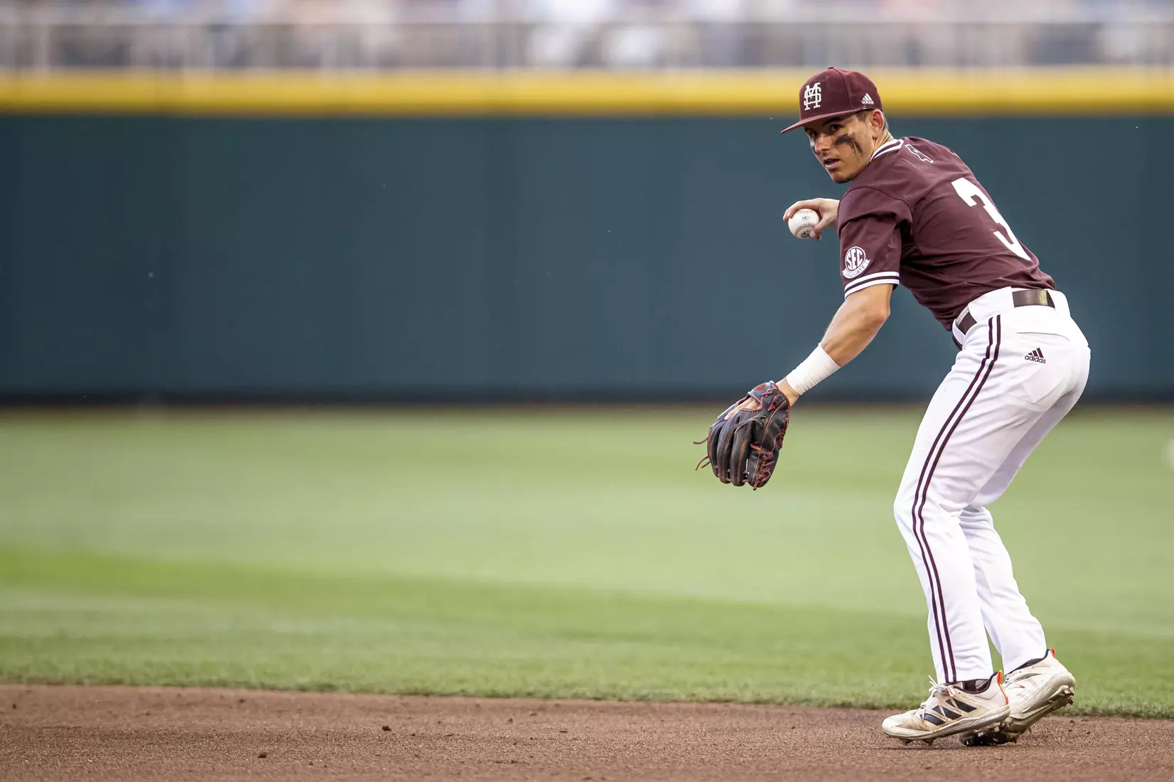 OMAHA, NE - June 22, 2021 - Mississippi State Infielder Scotty Dubrule (#3) during the 2021 Mens College World Series game between the Mississippi State Bulldogs and the Virginia Cavaliers at TD Ameritrade Park in Omaha, NE. Photo By Austin Perryman