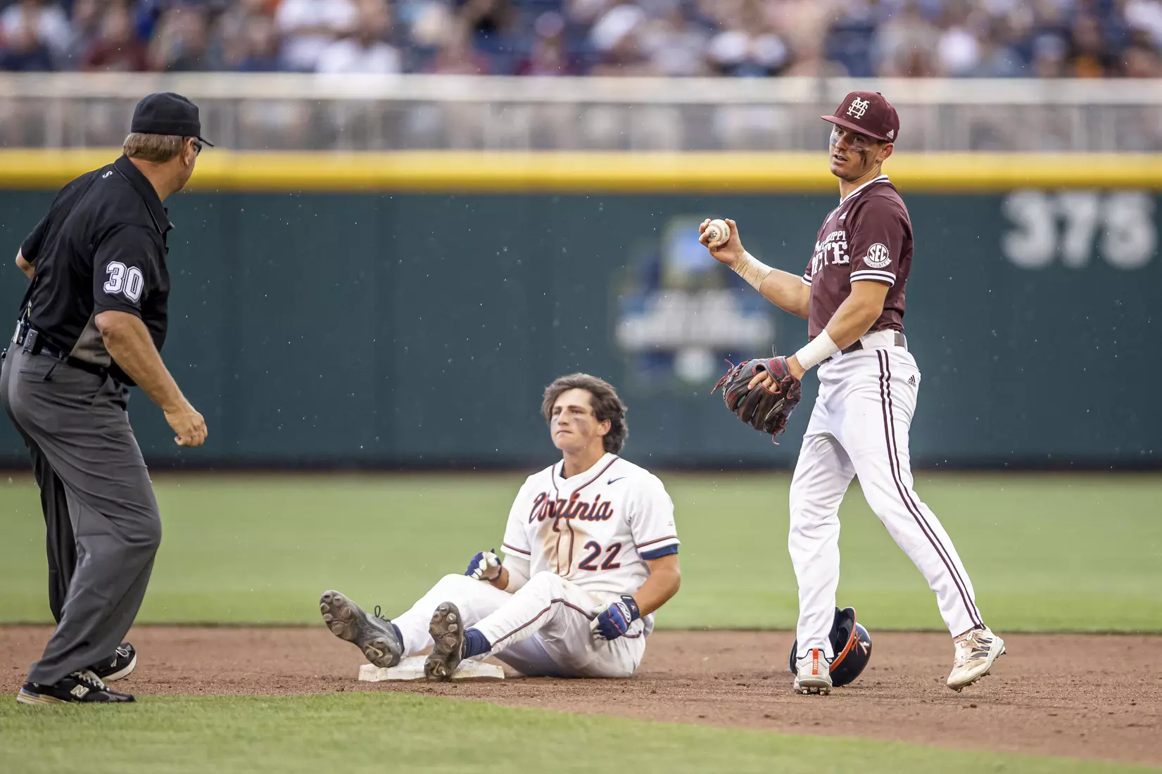 OMAHA, NE - June 22, 2021 - Mississippi State Infielder Scotty Dubrule (#3) during the 2021 Mens College World Series game between the Mississippi State Bulldogs and the Virginia Cavaliers at TD Ameritrade Park in Omaha, NE. Photo By Austin Perryman