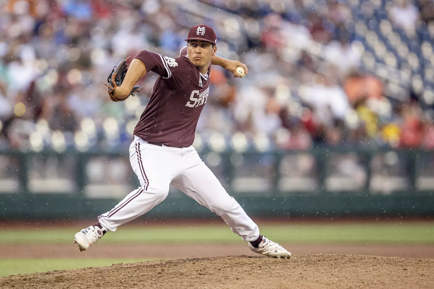 OMAHA, NE - June 22, 2021 - Mississippi State Pitcher Cameron Tullar (#45) during the 2021 Mens College World Series game between the Mississippi State Bulldogs and the Virginia Cavaliers at TD Ameritrade Park in Omaha, NE. Photo By Austin Perryman