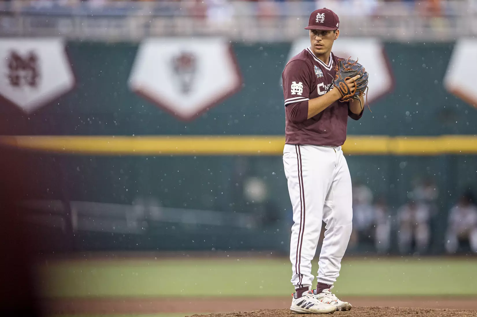 OMAHA, NE - June 22, 2021 - Mississippi State Pitcher Cameron Tullar (#45) during the 2021 Mens College World Series game between the Mississippi State Bulldogs and the Virginia Cavaliers at TD Ameritrade Park in Omaha, NE. Photo By Austin Perryman