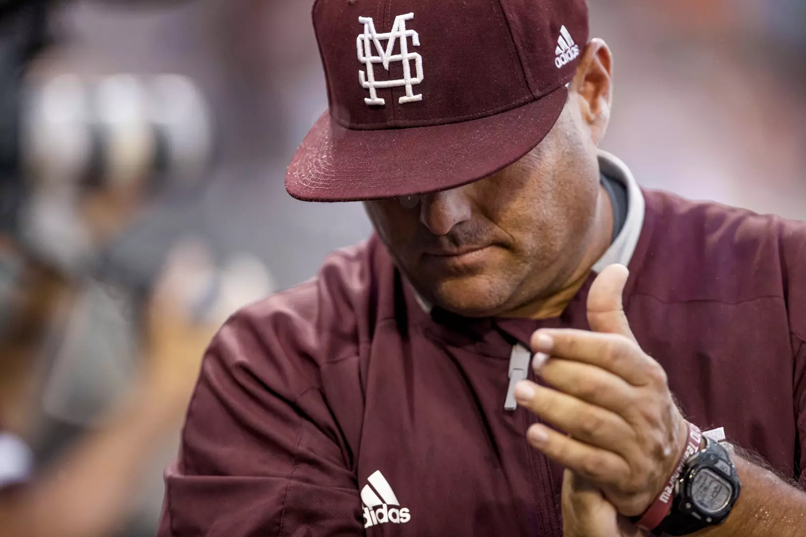 OMAHA, NE - June 22, 2021 - Mississippi State Head Coach Chris Lemonis claps during the 2021 Mens College World Series game between the Mississippi State Bulldogs and the Virginia Cavaliers at TD Ameritrade Park in Omaha, NE. Photo By Austin Perryman