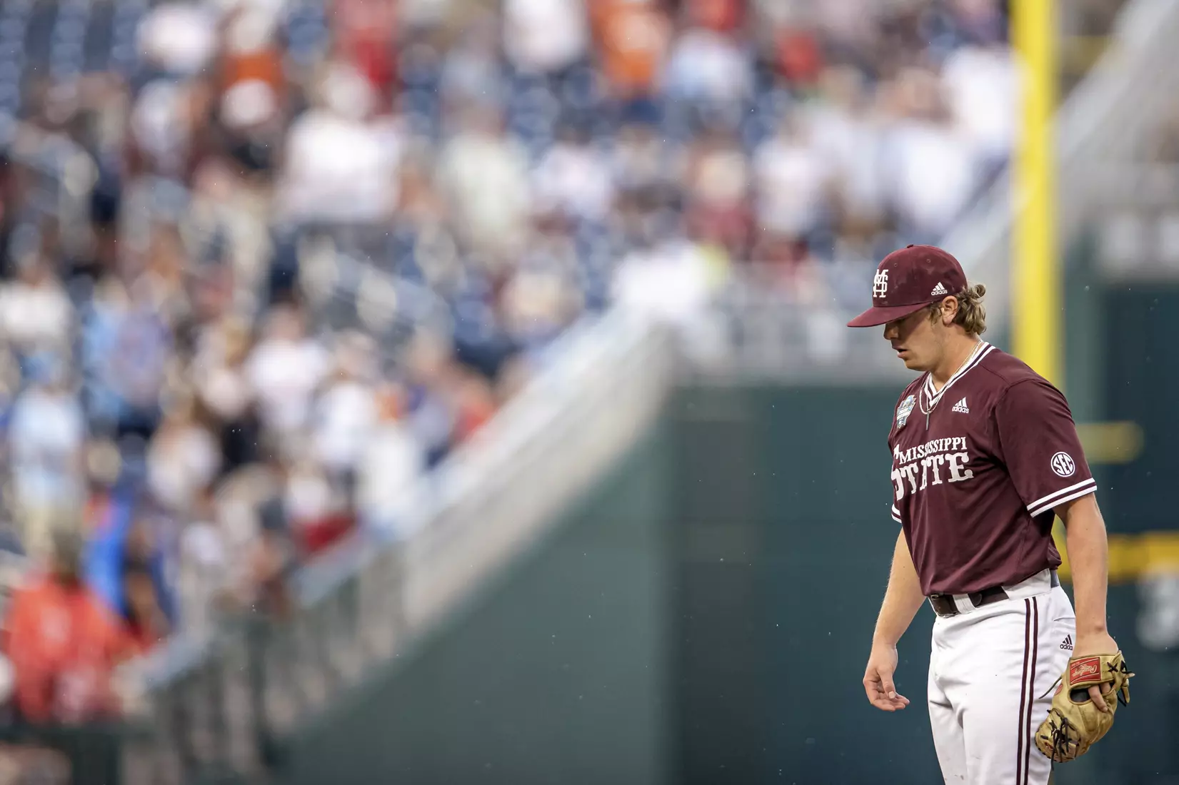 OMAHA, NE - June 22, 2021 - Mississippi State Pitcher Cade Smith (#15) during the 2021 Mens College World Series game between the Mississippi State Bulldogs and the Virginia Cavaliers at TD Ameritrade Park in Omaha, NE. Photo By Austin Perryman