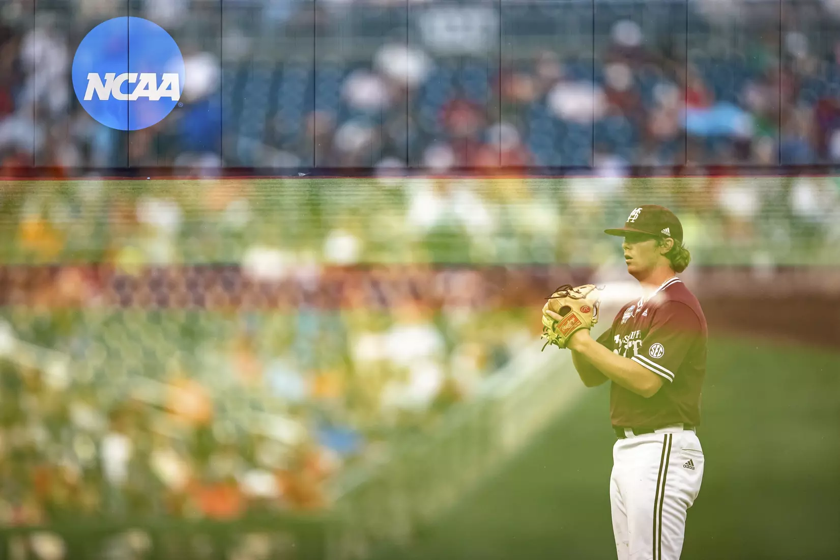 OMAHA, NE - June 22, 2021 - Mississippi State Pitcher Cade Smith (#15) during the 2021 Mens College World Series game between the Mississippi State Bulldogs and the Virginia Cavaliers at TD Ameritrade Park in Omaha, NE. Photo By Austin Perryman