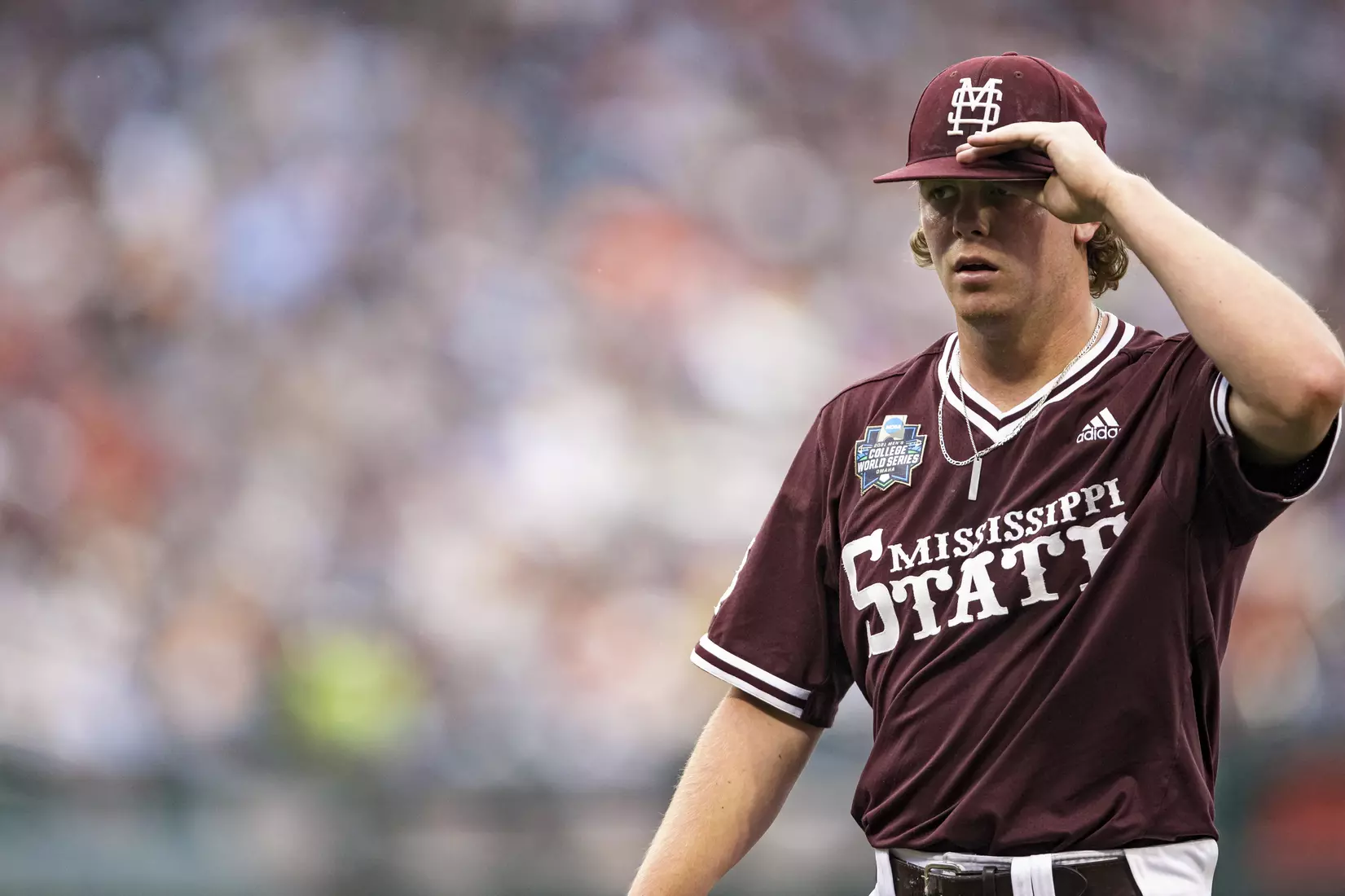 OMAHA, NE - June 22, 2021 - Mississippi State Pitcher Cade Smith (#15) during the 2021 Mens College World Series game between the Mississippi State Bulldogs and the Virginia Cavaliers at TD Ameritrade Park in Omaha, NE. Photo By Austin Perryman
