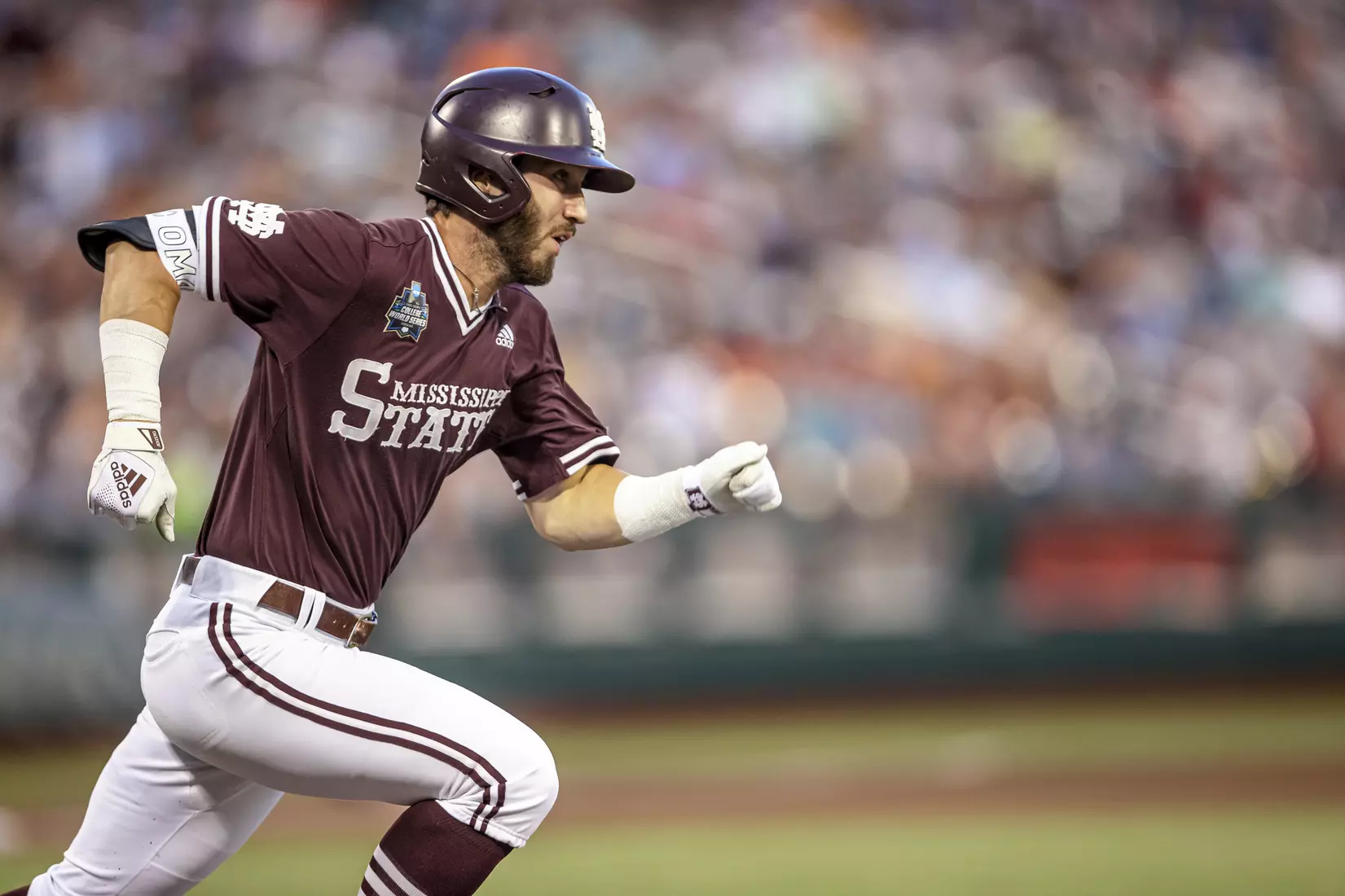 OMAHA, NE - June 22, 2021 - Mississippi State Infielder Josh Hatcher (#10) during the 2021 Mens College World Series game between the Mississippi State Bulldogs and the Virginia Cavaliers at TD Ameritrade Park in Omaha, NE. Photo By Austin Perryman