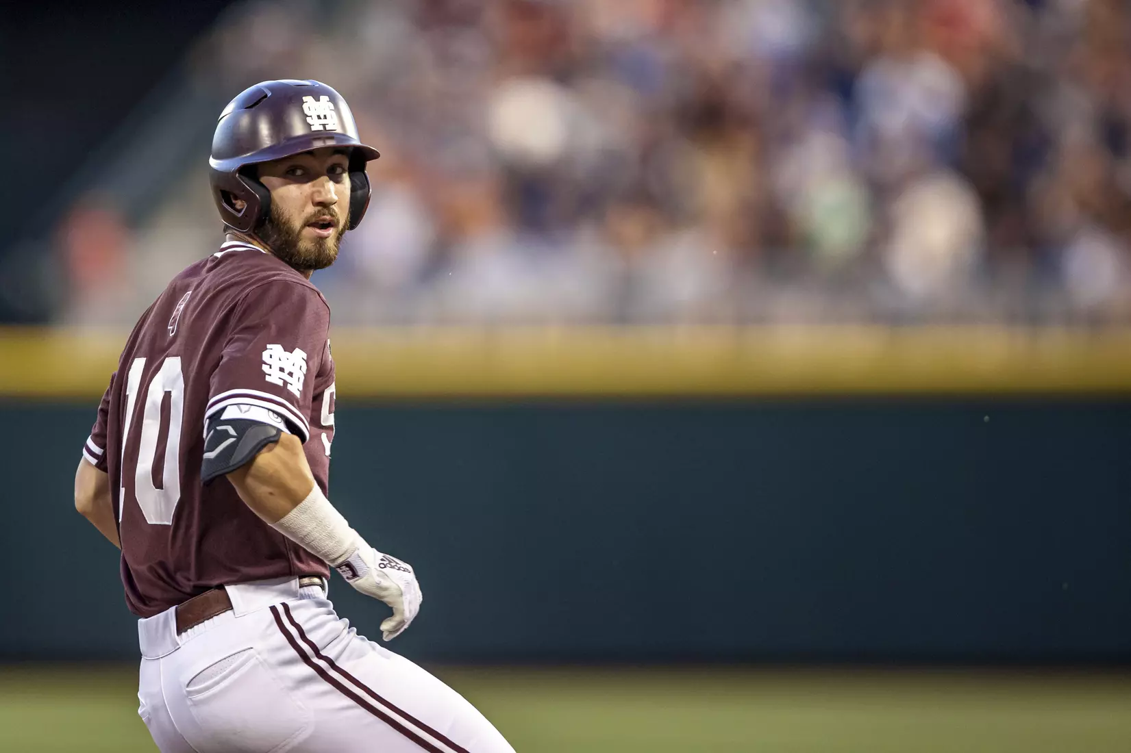 OMAHA, NE - June 22, 2021 - Mississippi State Infielder Josh Hatcher (#10) during the 2021 Mens College World Series game between the Mississippi State Bulldogs and the Virginia Cavaliers at TD Ameritrade Park in Omaha, NE. Photo By Austin Perryman