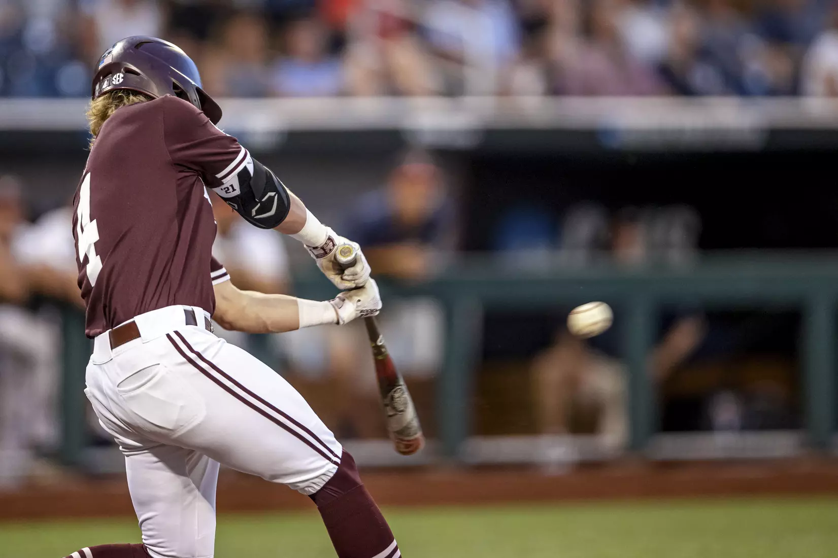 OMAHA, NE - June 22, 2021 - Mississippi State Outfielder Rowdey Jordan (#4) during the 2021 Mens College World Series game between the Mississippi State Bulldogs and the Virginia Cavaliers at TD Ameritrade Park in Omaha, NE. Photo By Austin Perryman