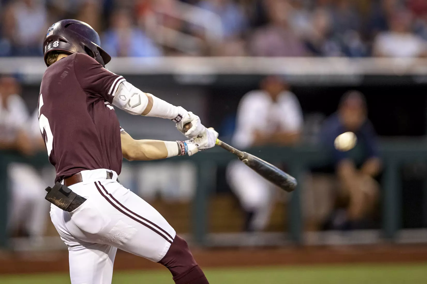 OMAHA, NE - June 22, 2021 - Mississippi State Outfielder Tanner Allen (#5) hits a home run during the 2021 Mens College World Series game between the Mississippi State Bulldogs and the Virginia Cavaliers at TD Ameritrade Park in Omaha, NE. Photo By Austin Perryman