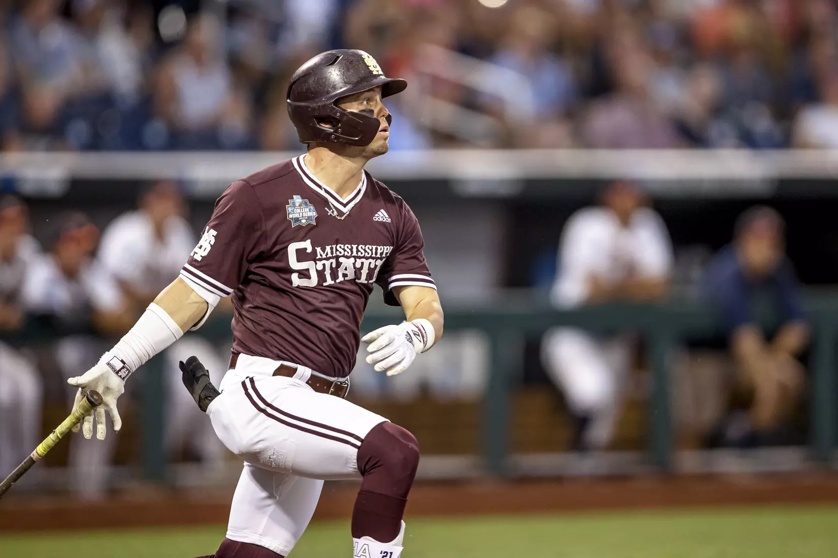 OMAHA, NE - June 22, 2021 - Mississippi State Outfielder Tanner Allen (#5) hits a home run during the 2021 Mens College World Series game between the Mississippi State Bulldogs and the Virginia Cavaliers at TD Ameritrade Park in Omaha, NE. Photo By Austin Perryman