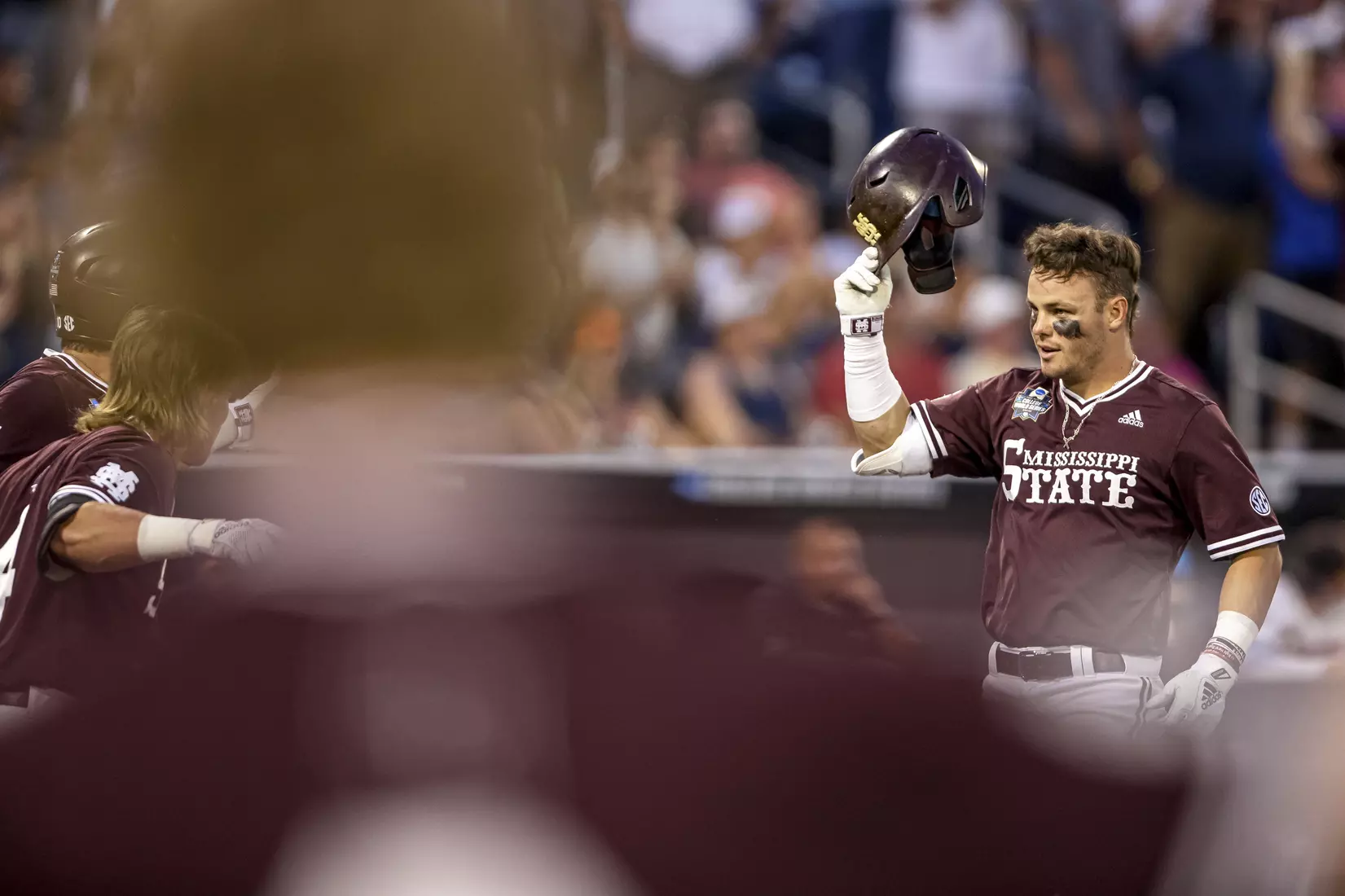 OMAHA, NE - June 22, 2021 - Mississippi State Outfielder Tanner Allen (#5) celebrates after hitting a home run during the 2021 Mens College World Series game between the Mississippi State Bulldogs and the Virginia Cavaliers at TD Ameritrade Park in Omaha, NE. Photo By Austin Perryman