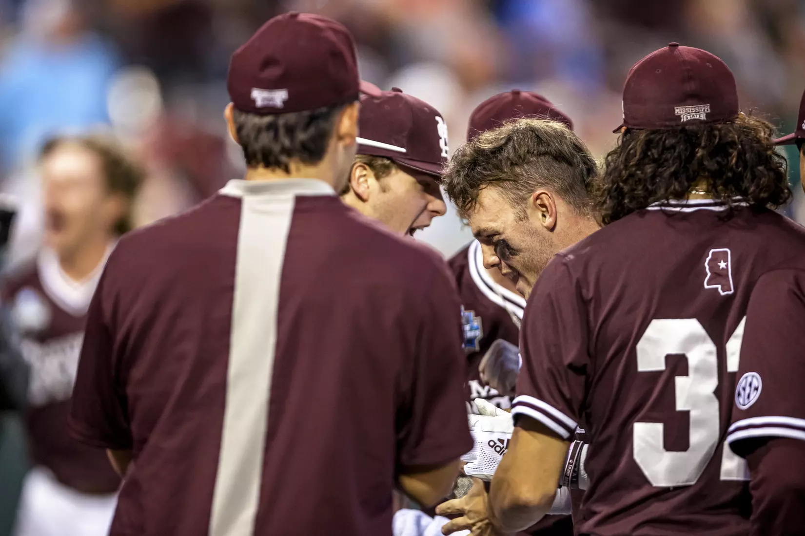 OMAHA, NE - June 22, 2021 - Mississippi State Outfielder Tanner Allen (#5) celebrates after hitting a home run during the 2021 Mens College World Series game between the Mississippi State Bulldogs and the Virginia Cavaliers at TD Ameritrade Park in Omaha, NE. Photo By Austin Perryman
