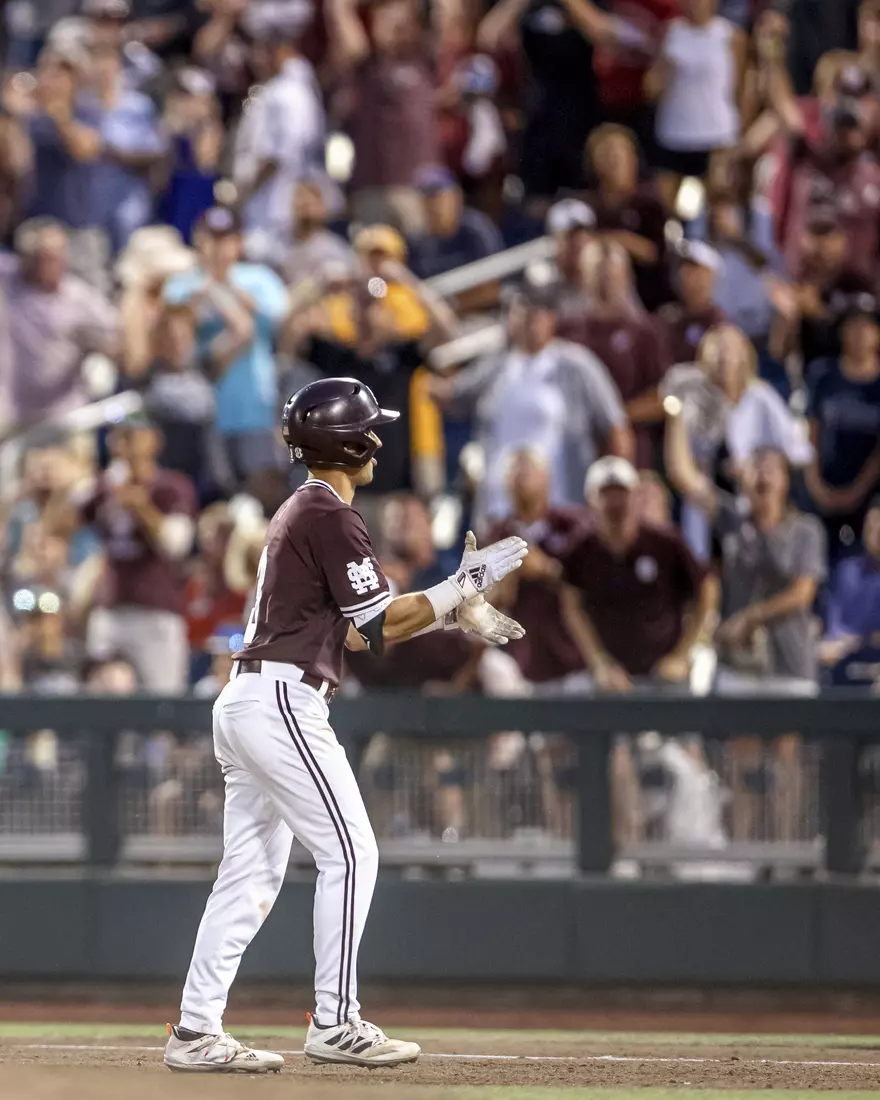 OMAHA, NE - June 22, 2021 - Mississippi State Infielder Scotty Dubrule (#3) during the 2021 Mens College World Series game between the Mississippi State Bulldogs and the Virginia Cavaliers at TD Ameritrade Park in Omaha, NE. Photo By Austin Perryman