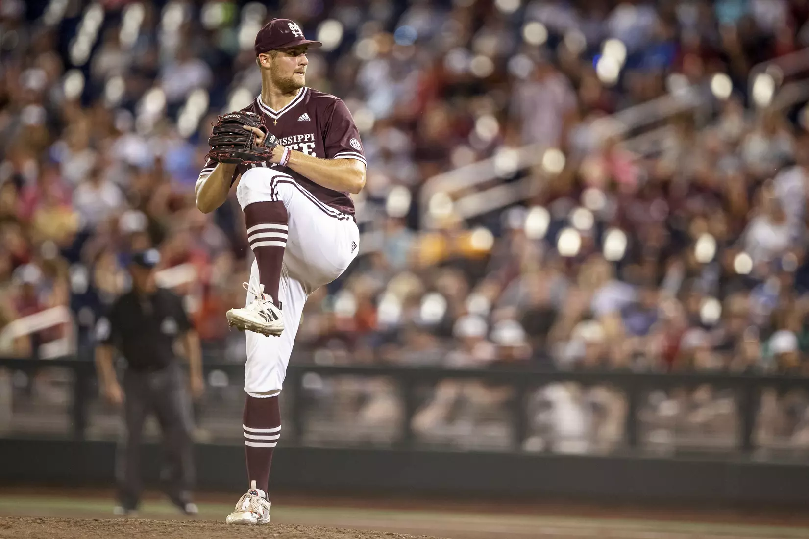 OMAHA, NE - June 22, 2021 - Mississippi State Pitcher Stone Simmons (#17) during the 2021 Mens College World Series game between the Mississippi State Bulldogs and the Virginia Cavaliers at TD Ameritrade Park in Omaha, NE. Photo By Austin Perryman