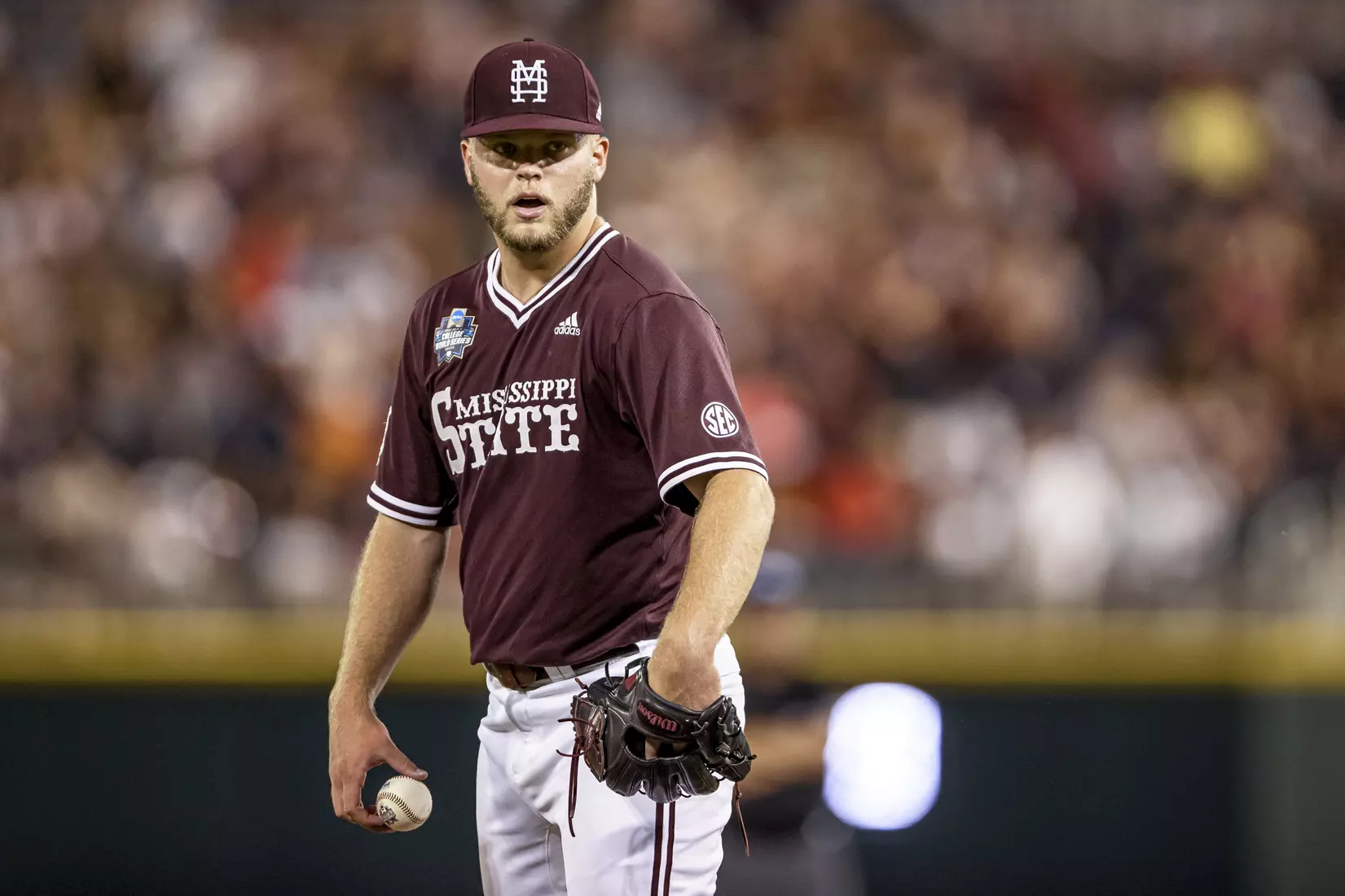 OMAHA, NE - June 22, 2021 - Mississippi State Pitcher Landon Sims (#23) during the 2021 Mens College World Series game between the Mississippi State Bulldogs and the Virginia Cavaliers at TD Ameritrade Park in Omaha, NE. Photo By Austin Perryman