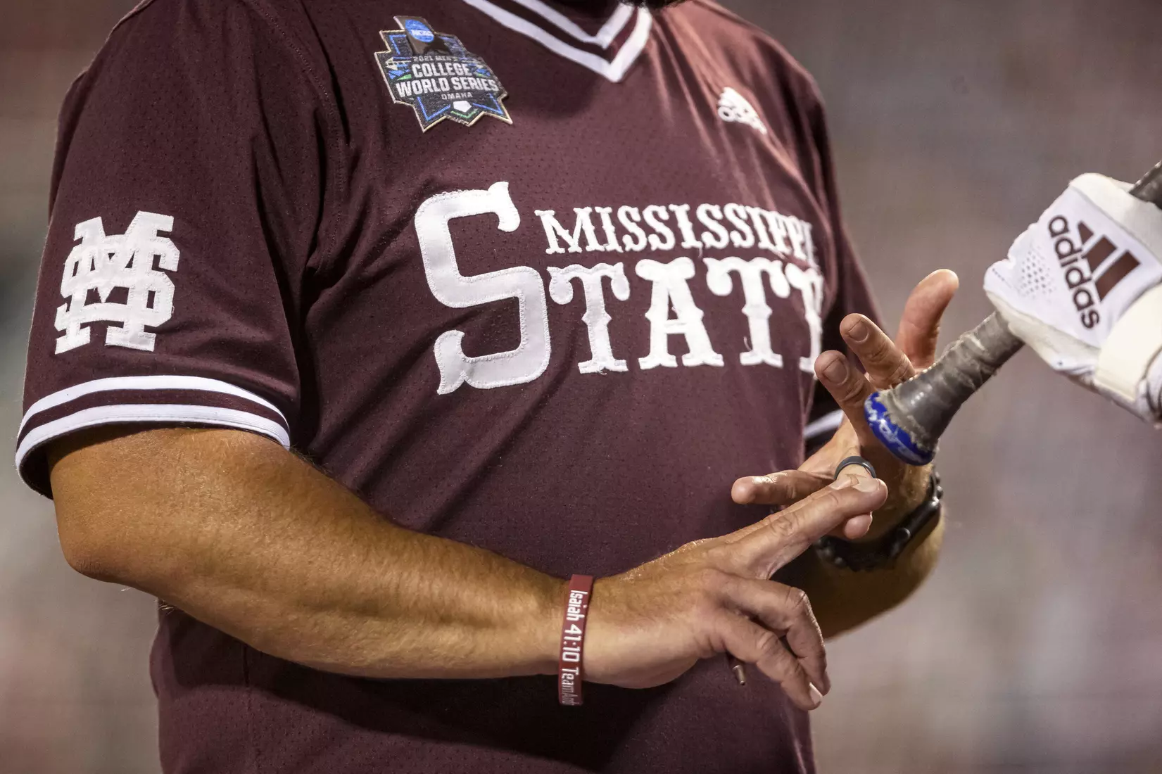 OMAHA, NE - June 22, 2021 - Mississippi State Assistant Coach Jake Gautreau during the 2021 Mens College World Series game between the Mississippi State Bulldogs and the Virginia Cavaliers at TD Ameritrade Park in Omaha, NE. Photo By Austin Perryman
