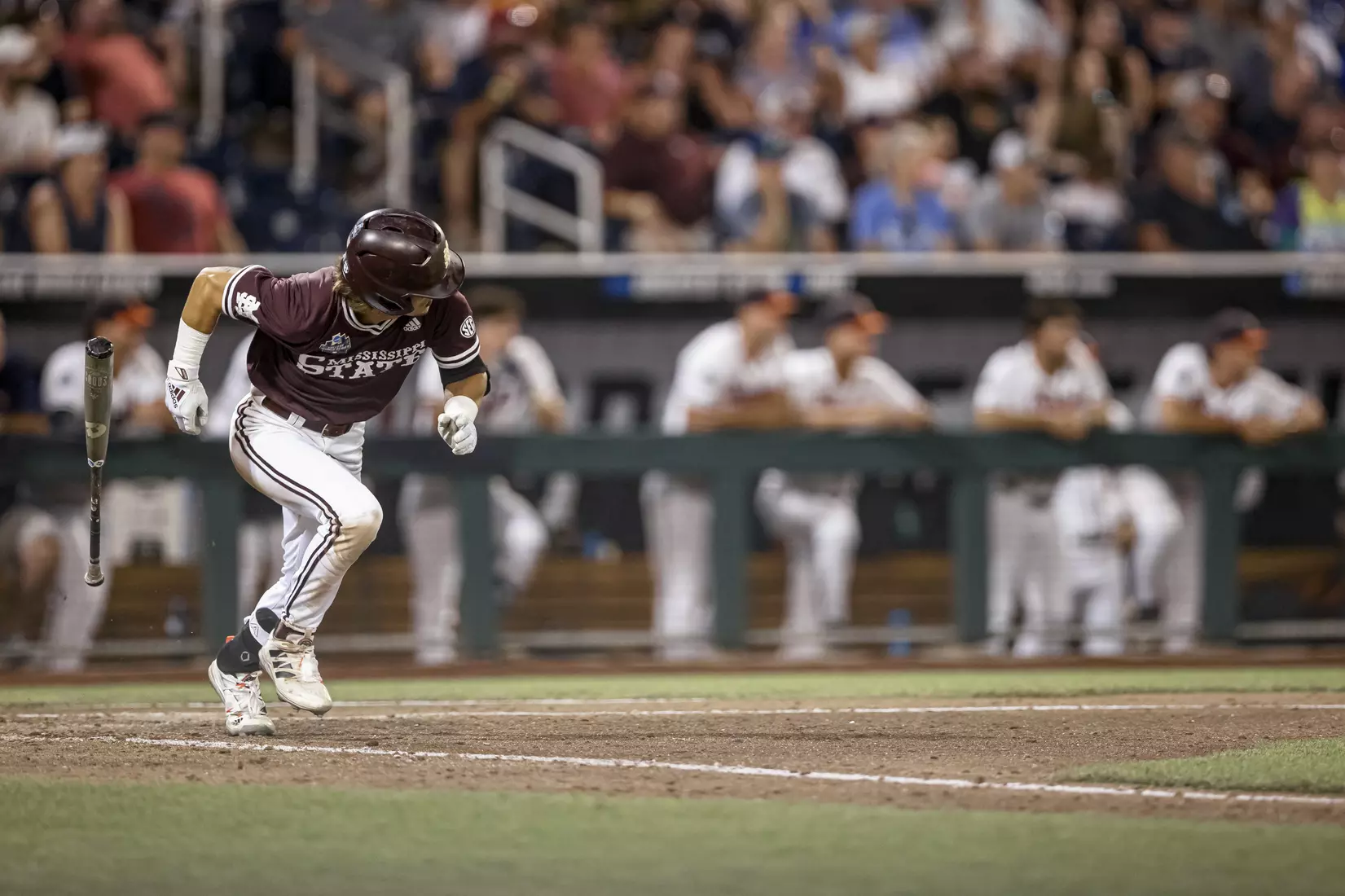 OMAHA, NE - June 22, 2021 - Mississippi State Infielder Tanner Leggett (#31) during the 2021 Mens College World Series game between the Mississippi State Bulldogs and the Virginia Cavaliers at TD Ameritrade Park in Omaha, NE. Photo By Austin Perryman