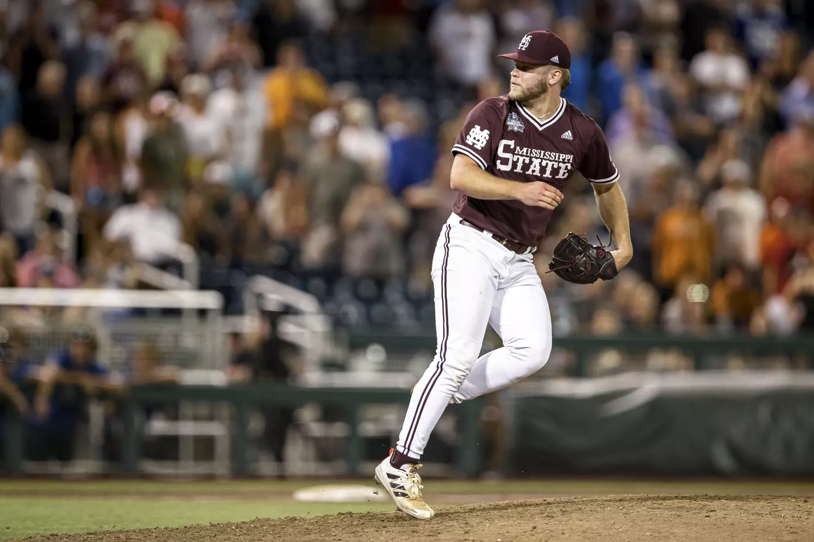 OMAHA, NE - June 22, 2021 - Mississippi State Pitcher Landon Sims (#23) during the 2021 Mens College World Series game between the Mississippi State Bulldogs and the Virginia Cavaliers at TD Ameritrade Park in Omaha, NE. Photo By Austin Perryman