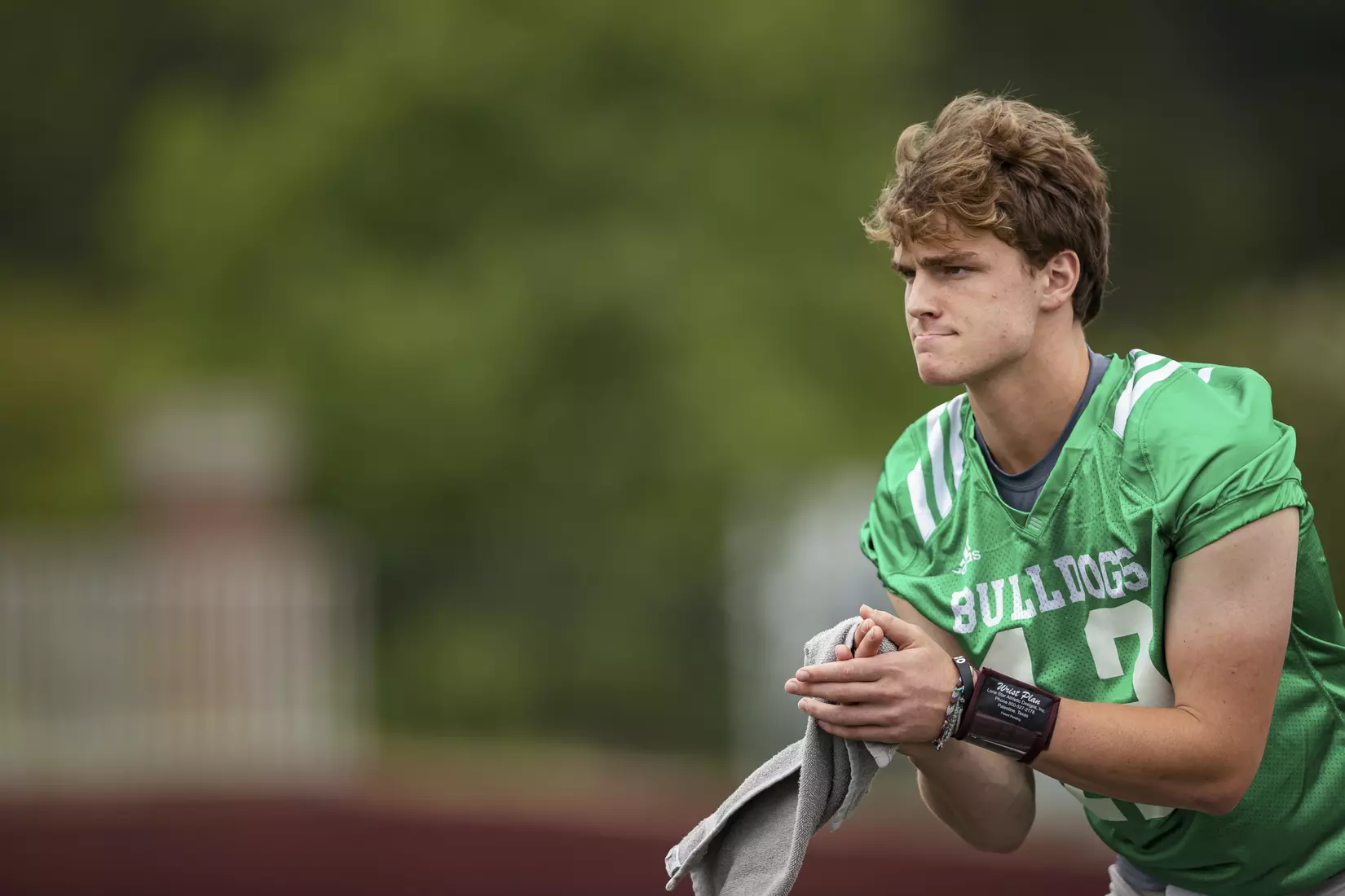 STARKVILLE, MS - August 06, 2021 - Mississippi State Quarterback Sawyer Robertson (#12) during a training camp practice at the Leo Seal Jr. Football Complex at Mississippi State University in Starkville, MS. Photo By Austin Perryman