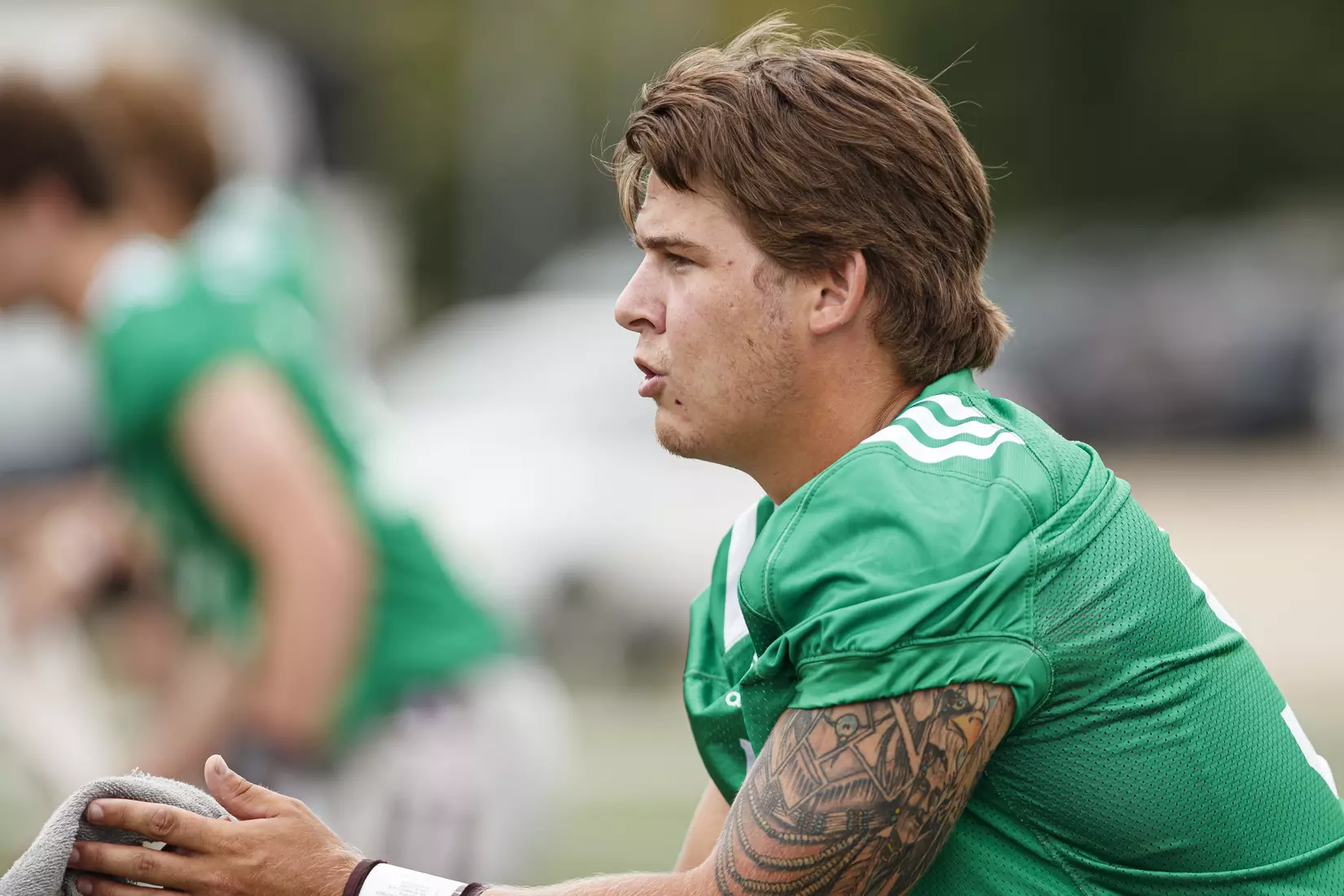 STARKVILLE, MS - August 06, 2021 - Mississippi State Quarterback Chance Lovertich (#9) during training camp practice at the Leo Seal Jr. Football Complex at Mississippi State University in Starkville, MS. Photo By Chamberlain Smith