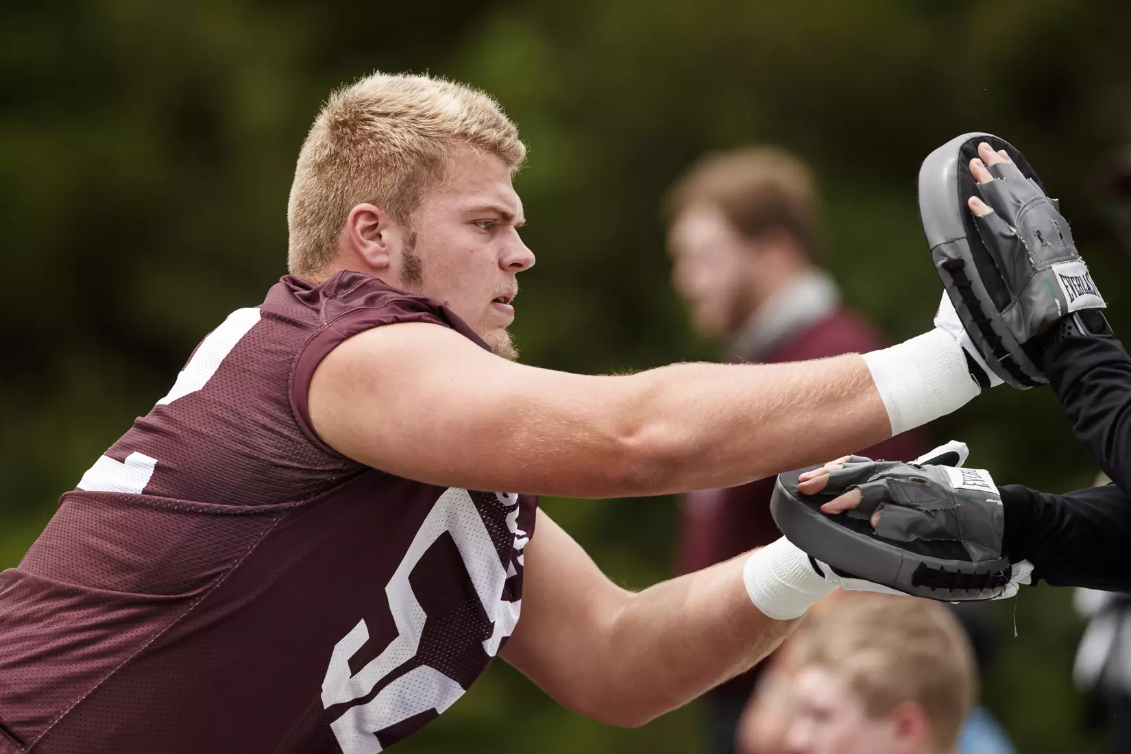 STARKVILLE, MS - August 06, 2021 - Mississippi State Offensive Lineman Grant Jackson (#52) during training camp practice at the Leo Seal Jr. Football Complex at Mississippi State University in Starkville, MS. Photo By Chamberlain Smith