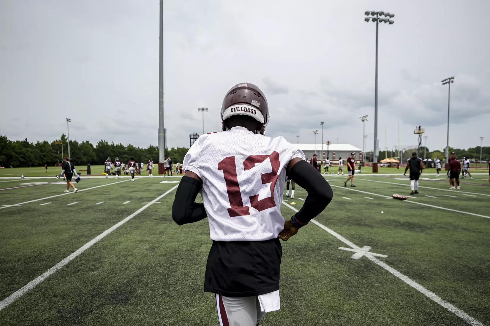 STARKVILLE, MS - August 06, 2021 - Mississippi State Cornerback Emmanuel Forbes (#13) during a training camp practice at the Leo Seal Jr. Football Complex at Mississippi State University in Starkville, MS. Photo By Austin Perryman
