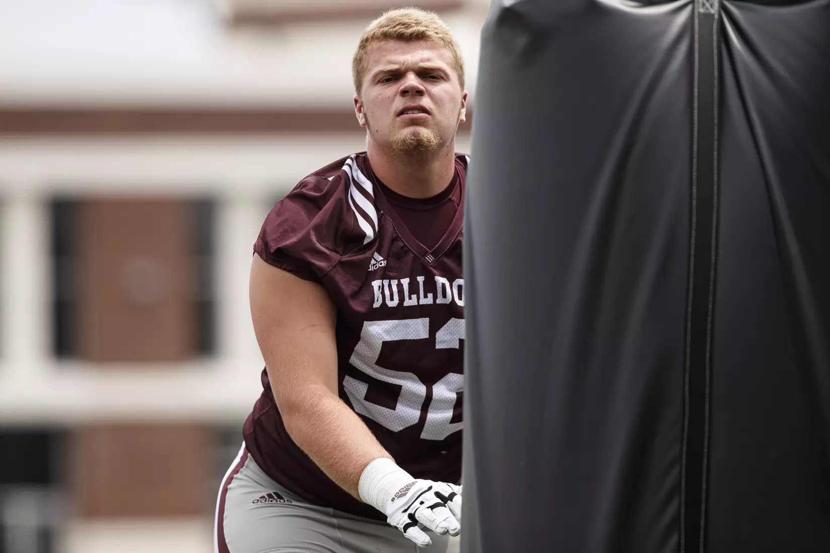 STARKVILLE, MS - August 06, 2021 - Mississippi State Offensive Lineman Grant Jackson (#52) during training camp practice at the Leo Seal Jr. Football Complex at Mississippi State University in Starkville, MS. Photo By Chamberlain Smith