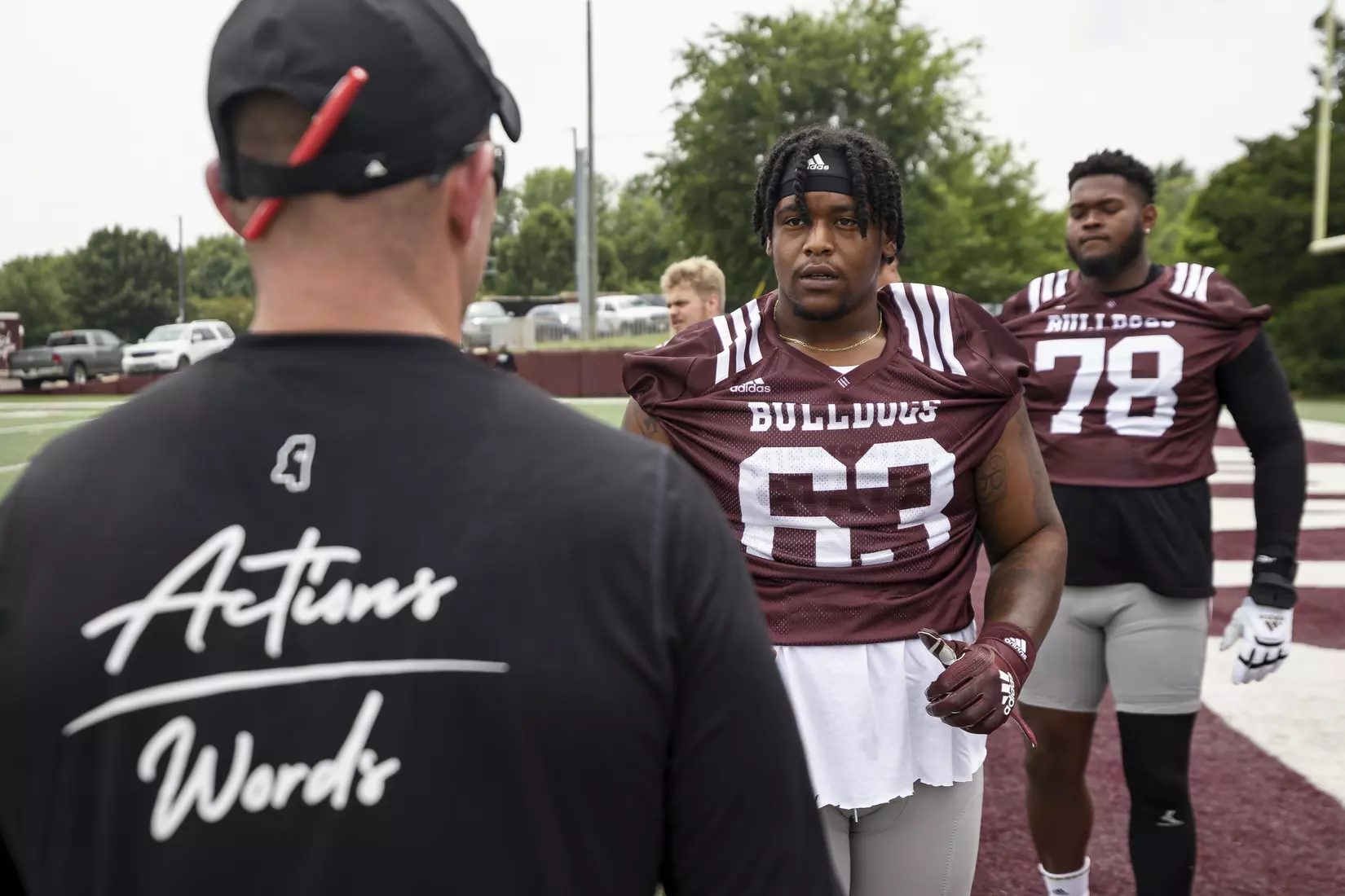 STARKVILLE, MS - August 06, 2021 - Mississippi State Offensive Lineman LaQuinston Sharp (#63) during a training camp practice at the Leo Seal Jr. Football Complex at Mississippi State University in Starkville, MS. Photo By Austin Perryman