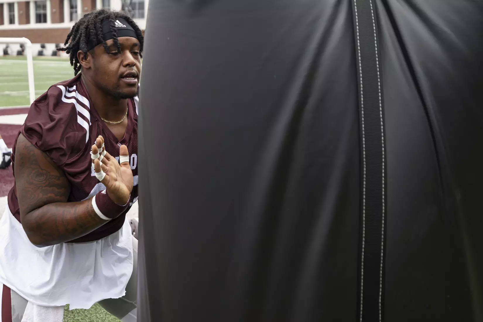 STARKVILLE, MS - August 06, 2021 - Mississippi State Offensive Lineman LaQuinston Sharp (#63) during a training camp practice at the Leo Seal Jr. Football Complex at Mississippi State University in Starkville, MS. Photo By Austin Perryman
