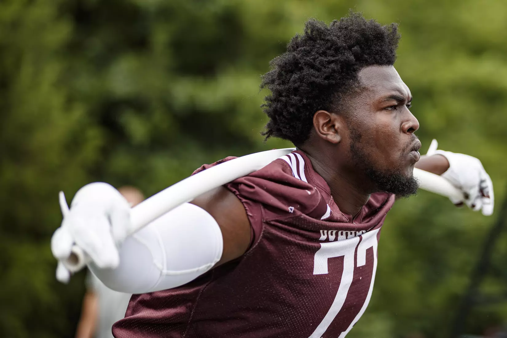 STARKVILLE, MS - August 07, 2021 - Mississippi State Offensive Lineman Cordavien Suggs (#77) during a training camp practice at the Leo Seal Jr. Football Complex at Mississippi State University in Starkville, MS. Photo By Austin Perryman