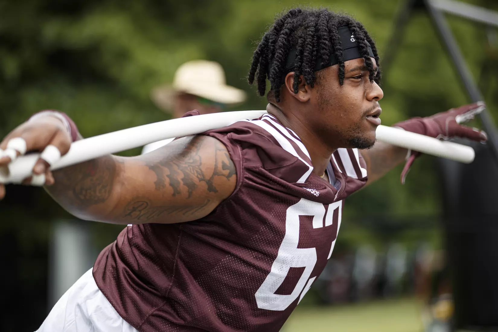 STARKVILLE, MS - August 07, 2021 - Mississippi State Offensive Lineman LaQuinston Sharp (#63) during a training camp practice at the Leo Seal Jr. Football Complex at Mississippi State University in Starkville, MS. Photo By Austin Perryman