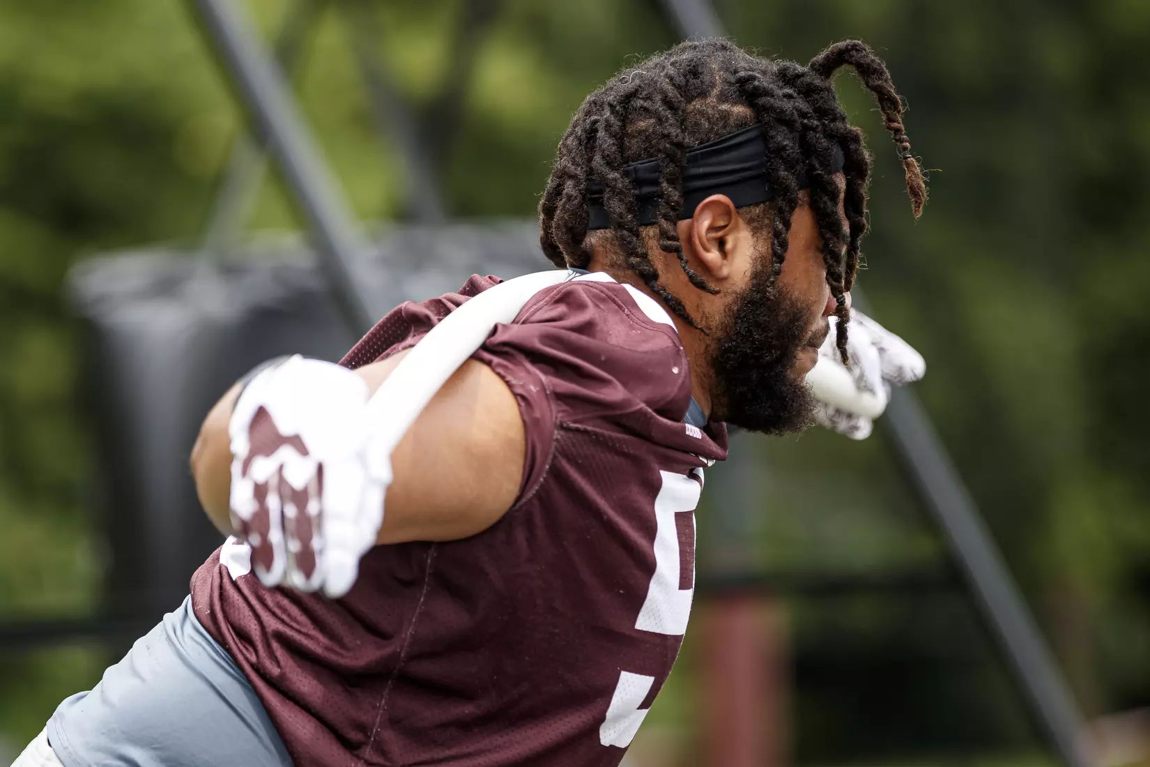 STARKVILLE, MS - August 07, 2021 - Mississippi State Offensive Lineman Kameron Jones (#58) during a training camp practice at the Leo Seal Jr. Football Complex at Mississippi State University in Starkville, MS. Photo By Austin Perryman