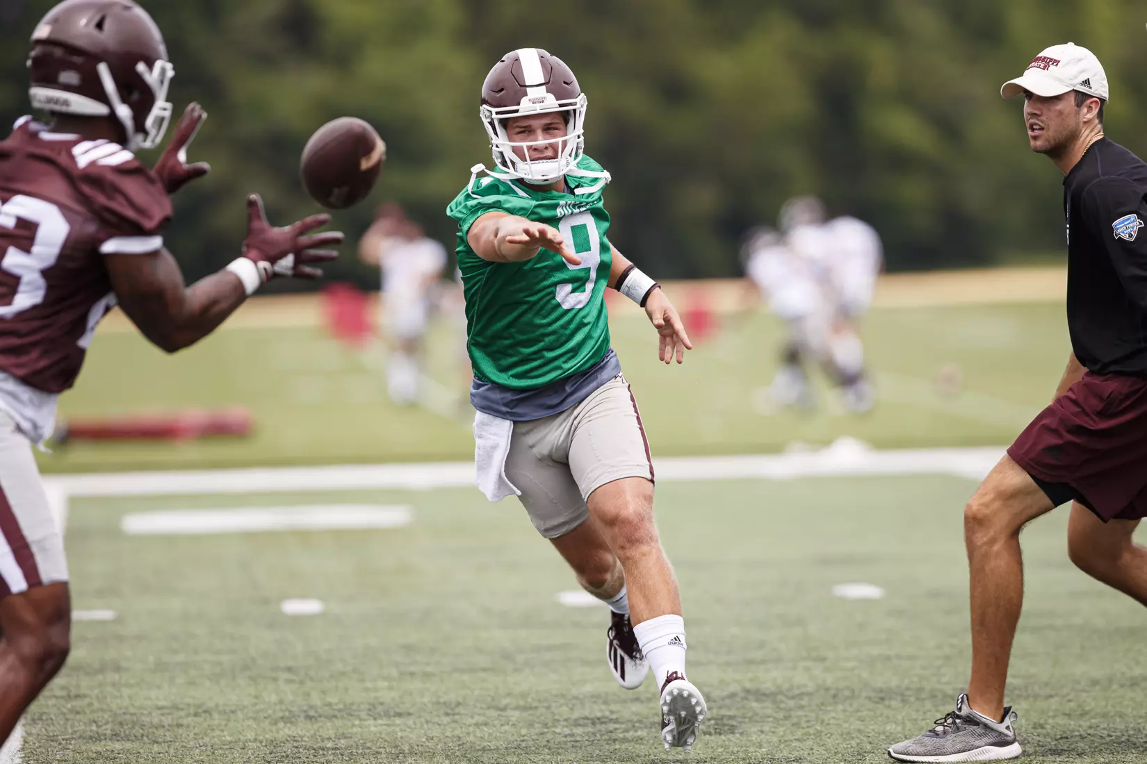 STARKVILLE, MS - August 06, 2021 - Mississippi State Quarterback Chance Lovertich (#9) during training camp practice at the Leo Seal Jr. Football Complex at Mississippi State University in Starkville, MS. Photo By Chamberlain Smith