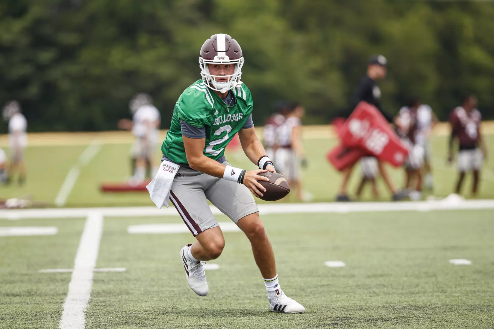 STARKVILLE, MS - August 06, 2021 - Mississippi State Quarterback Will Rogers (#2) during training camp practice at the Leo Seal Jr. Football Complex at Mississippi State University in Starkville, MS. Photo By Chamberlain Smith