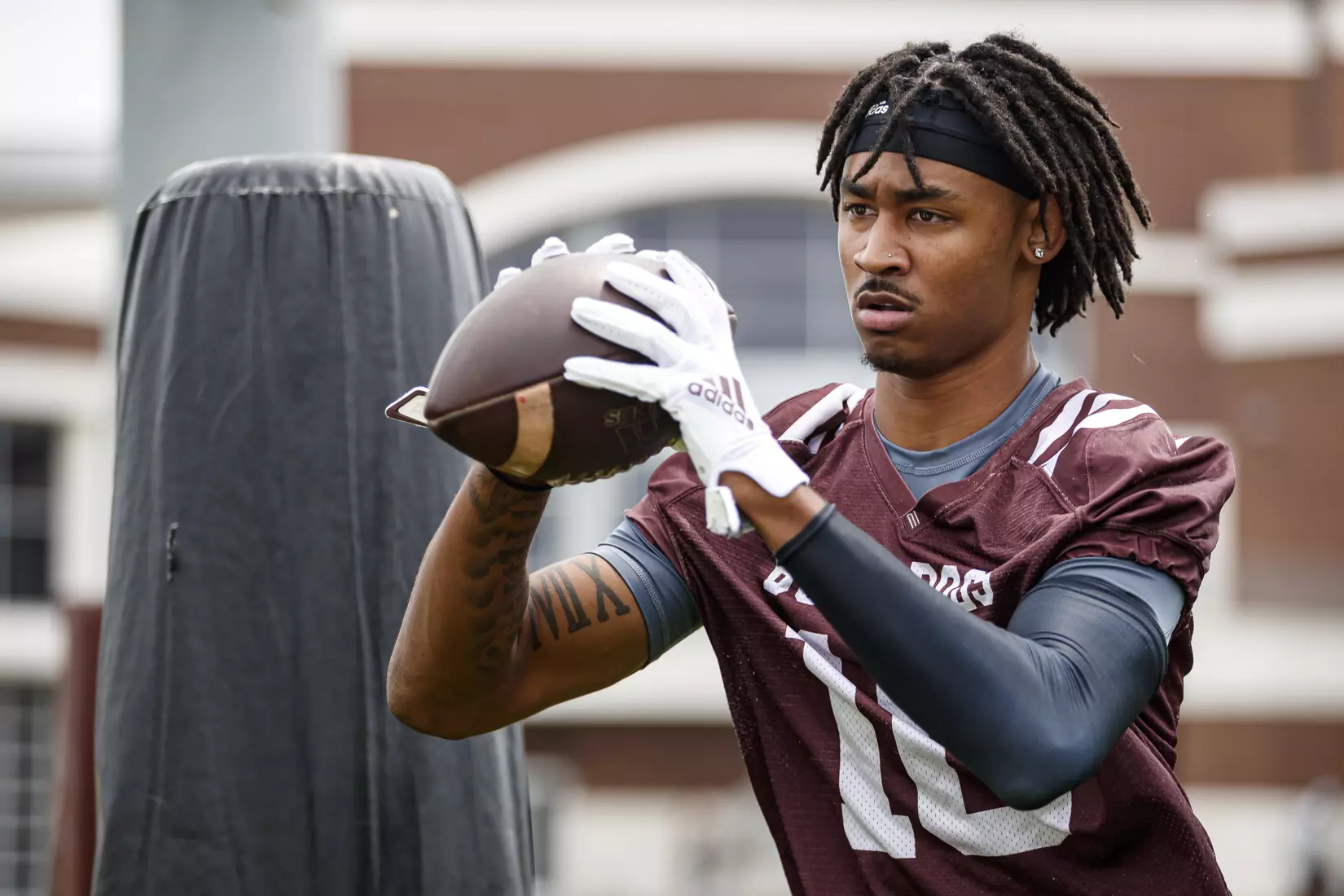STARKVILLE, MS - August 07, 2021 - Mississippi State Wide Receiver Makai Polk (#10) during a training camp practice at the Leo Seal Jr. Football Complex at Mississippi State University in Starkville, MS. Photo By Austin Perryman