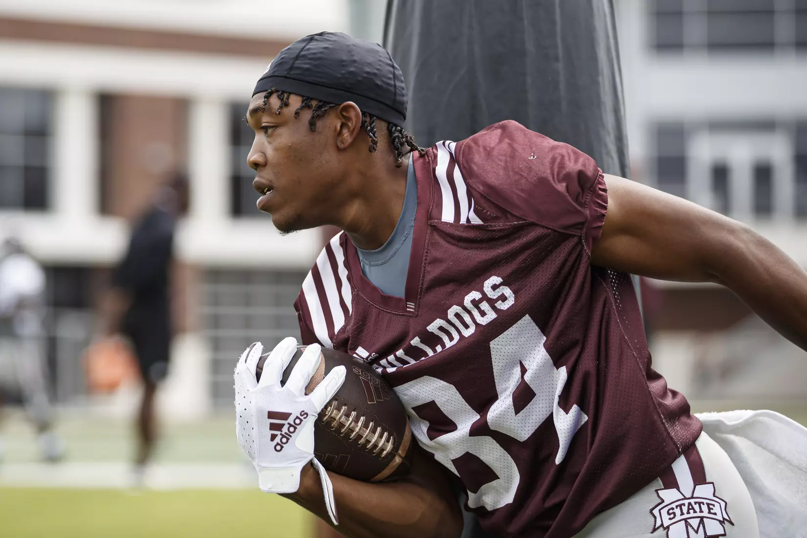 STARKVILLE, MS - August 07, 2021 - Mississippi State Wide Receiver Rara Thomas (#84) during a training camp practice at the Leo Seal Jr. Football Complex at Mississippi State University in Starkville, MS. Photo By Austin Perryman