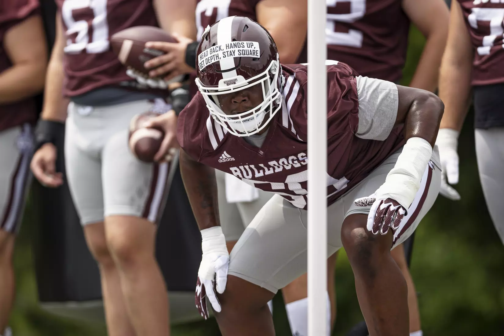 STARKVILLE, MS - August 06, 2021 - Mississippi State Offensive Lineman Kwatrivous Johnson (#69) during a training camp practice at the Leo Seal Jr. Football Complex at Mississippi State University in Starkville, MS. Photo By Austin Perryman