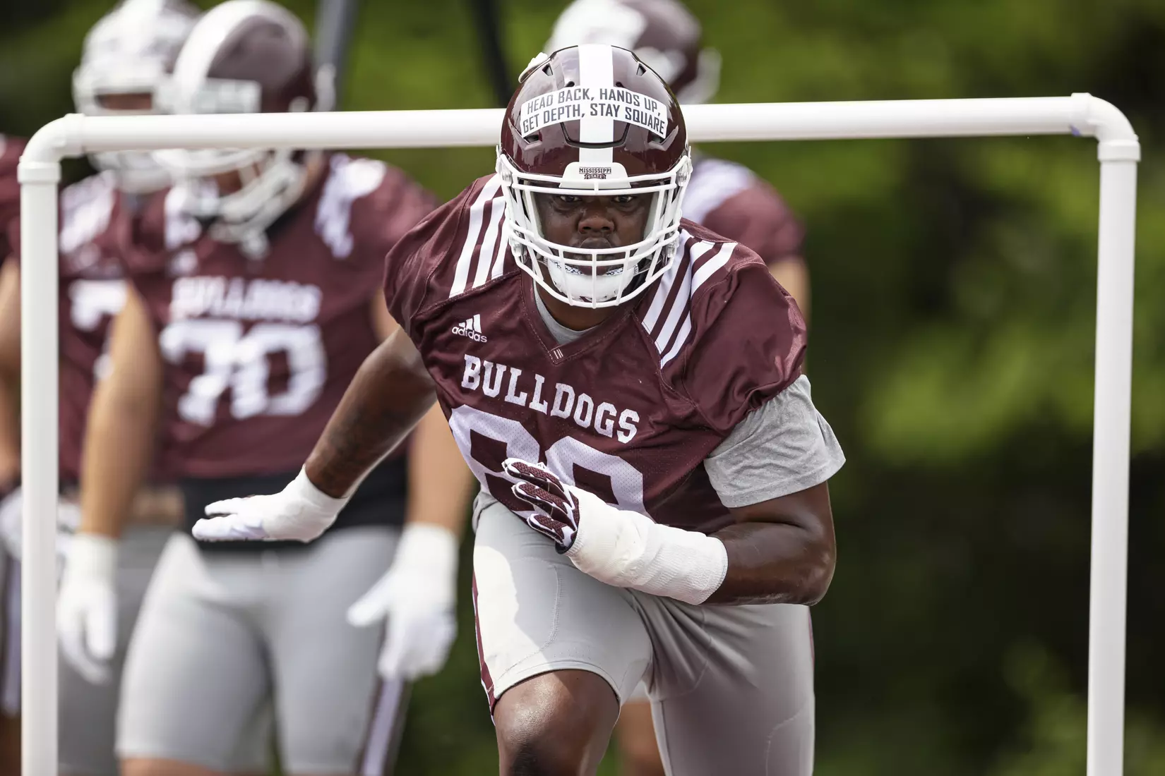 STARKVILLE, MS - August 06, 2021 - Mississippi State Offensive Lineman Kwatrivous Johnson (#69) during a training camp practice at the Leo Seal Jr. Football Complex at Mississippi State University in Starkville, MS. Photo By Austin Perryman